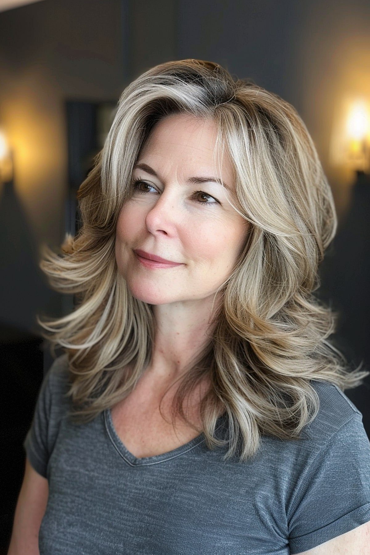 Medium layered haircut for women over 50 with feathered edges