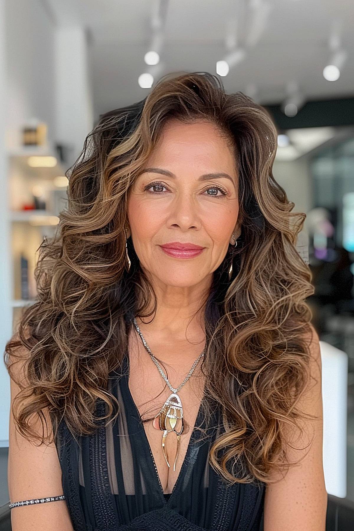 Long curly hairstyle with highlights for older women