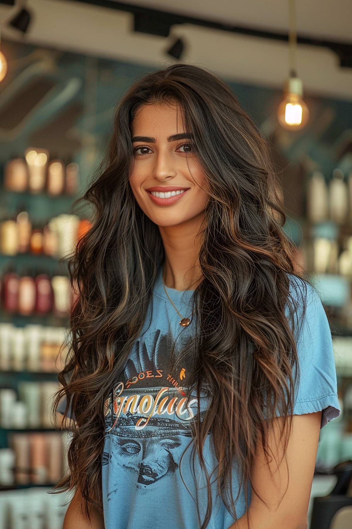 Long dark brown natural wavy hair with layers