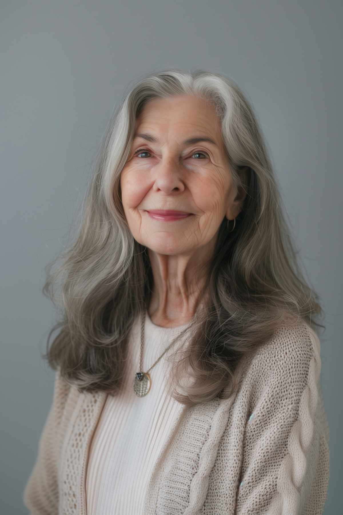 Graceful long gray waves hairstyle for women over 60