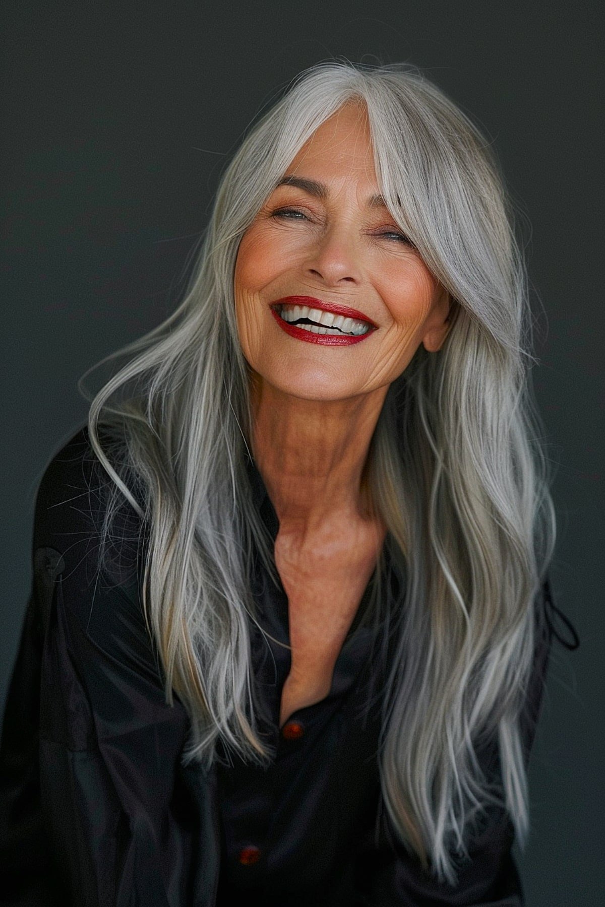 Long natural gray hairstyle for women over 70