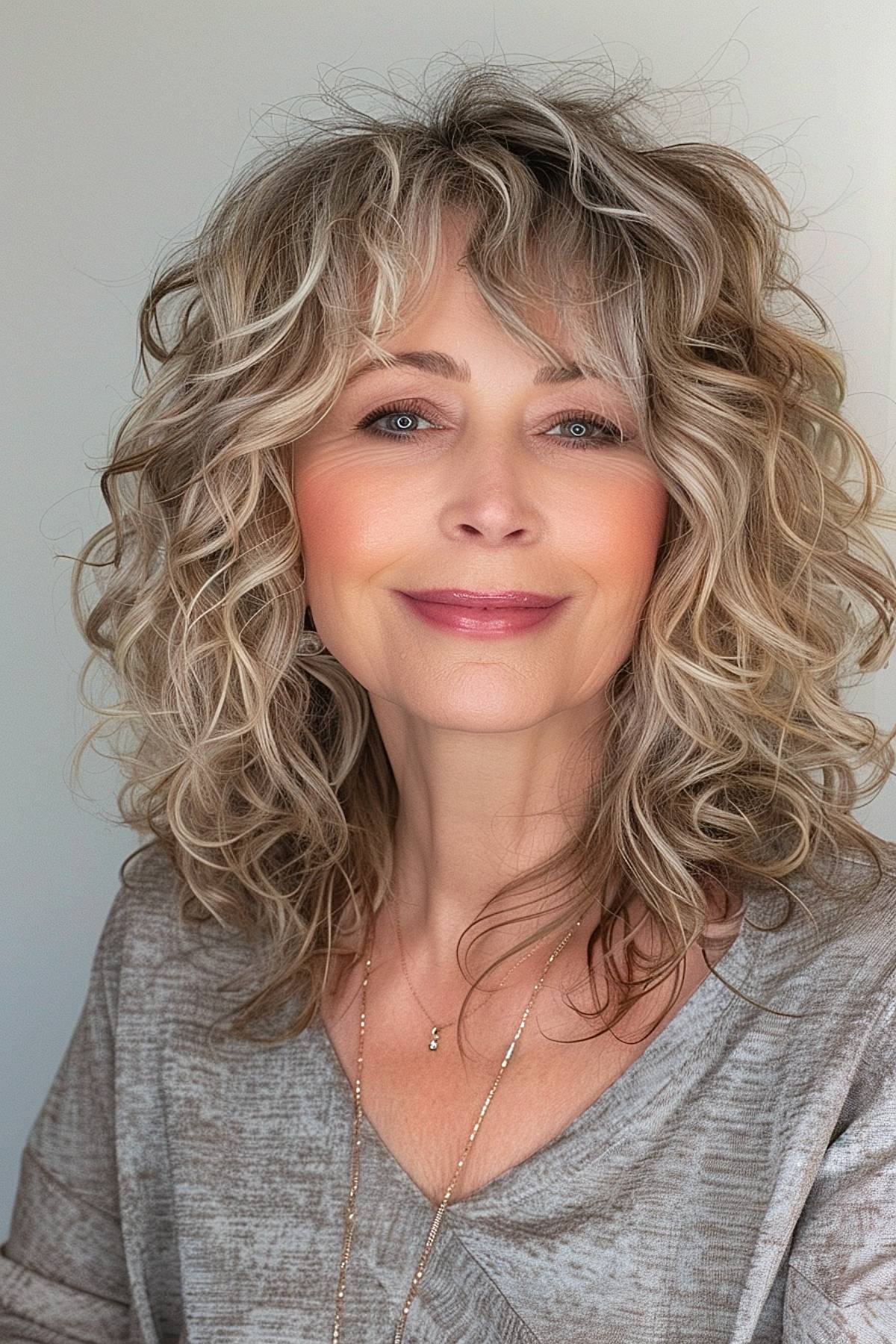 Medium-length curly hairstyle with bangs for women over 50