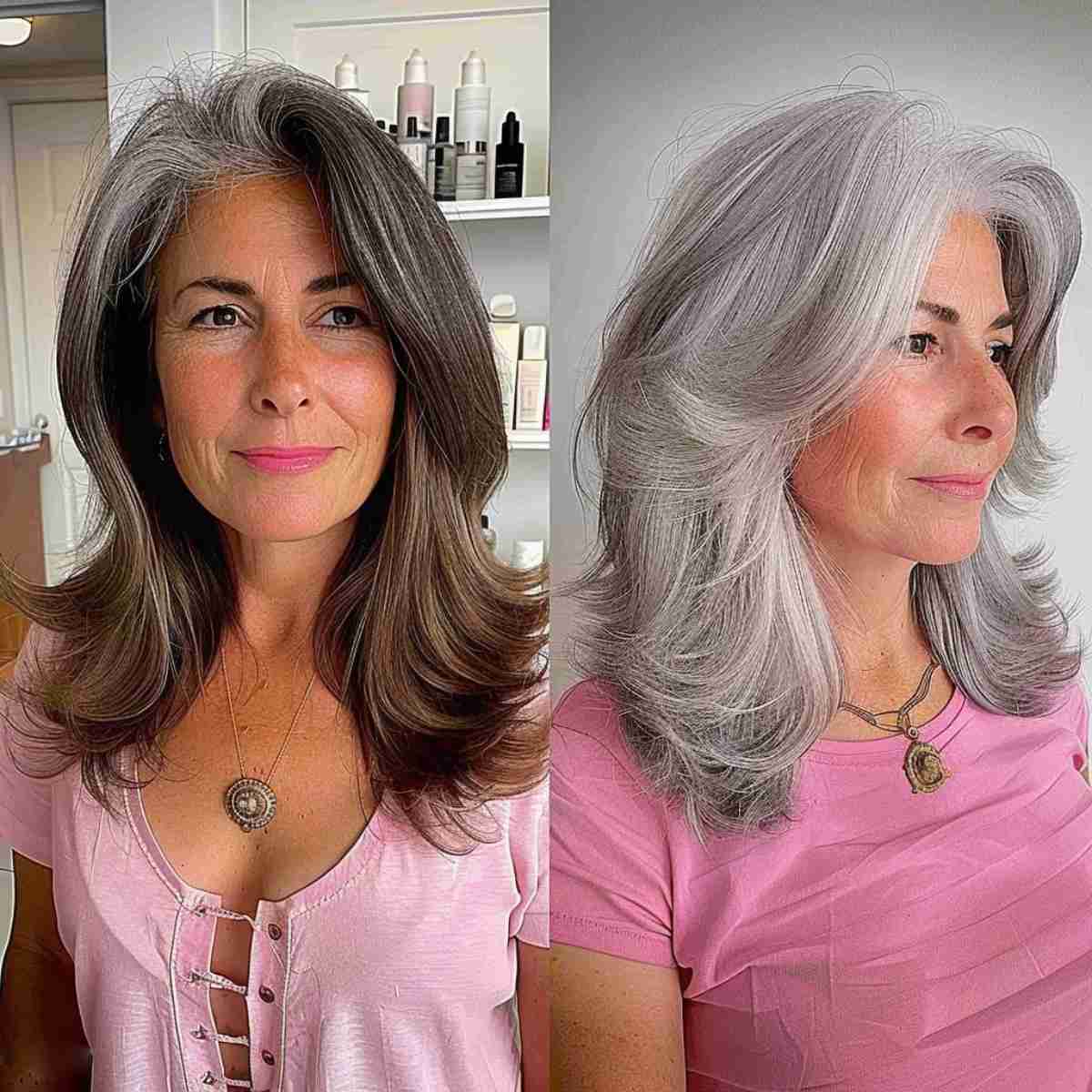 Elegant natural gray layered hairstyle with face-framing cuts for mature women 
