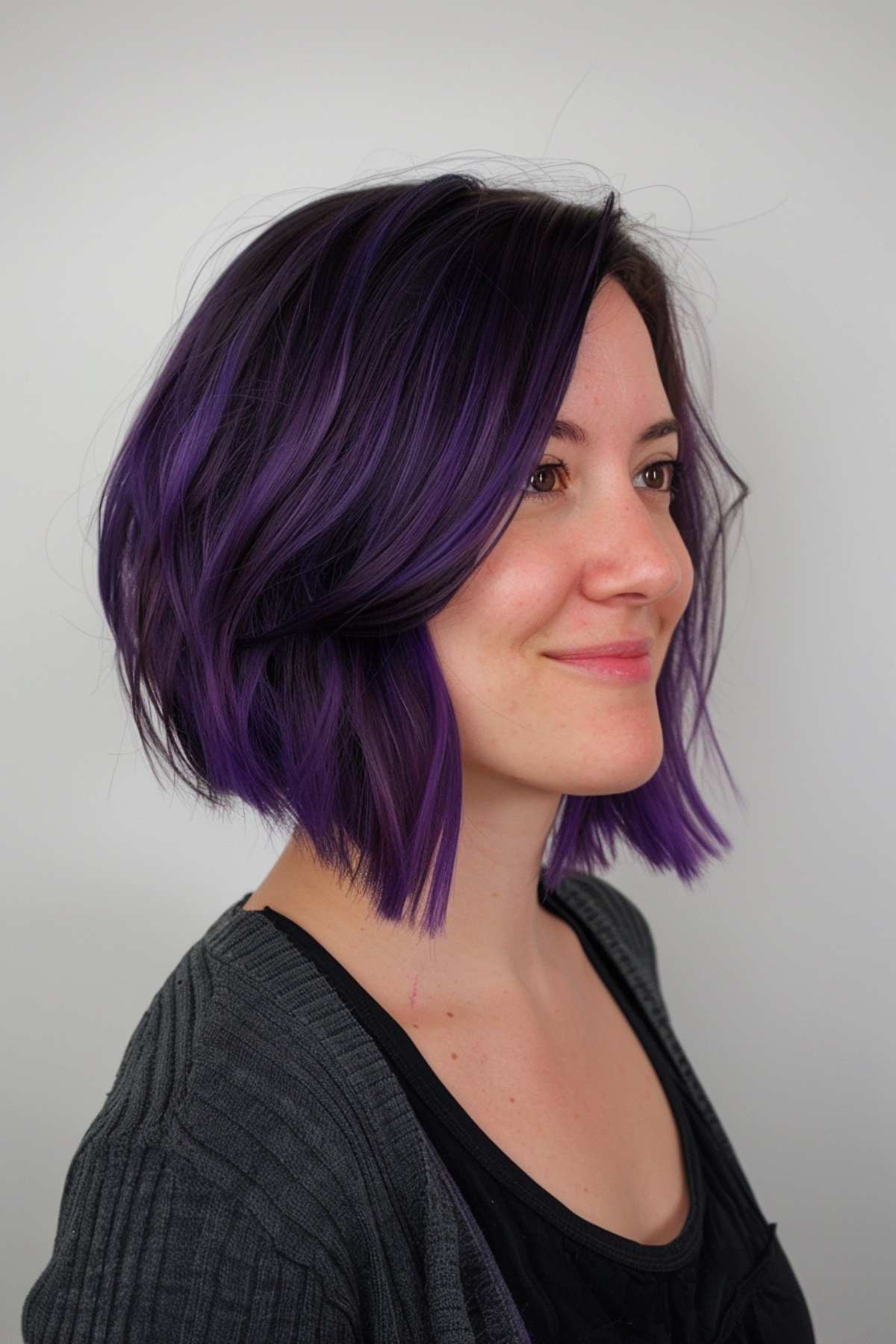 Graduated bob with vibrant purple color and layered cut