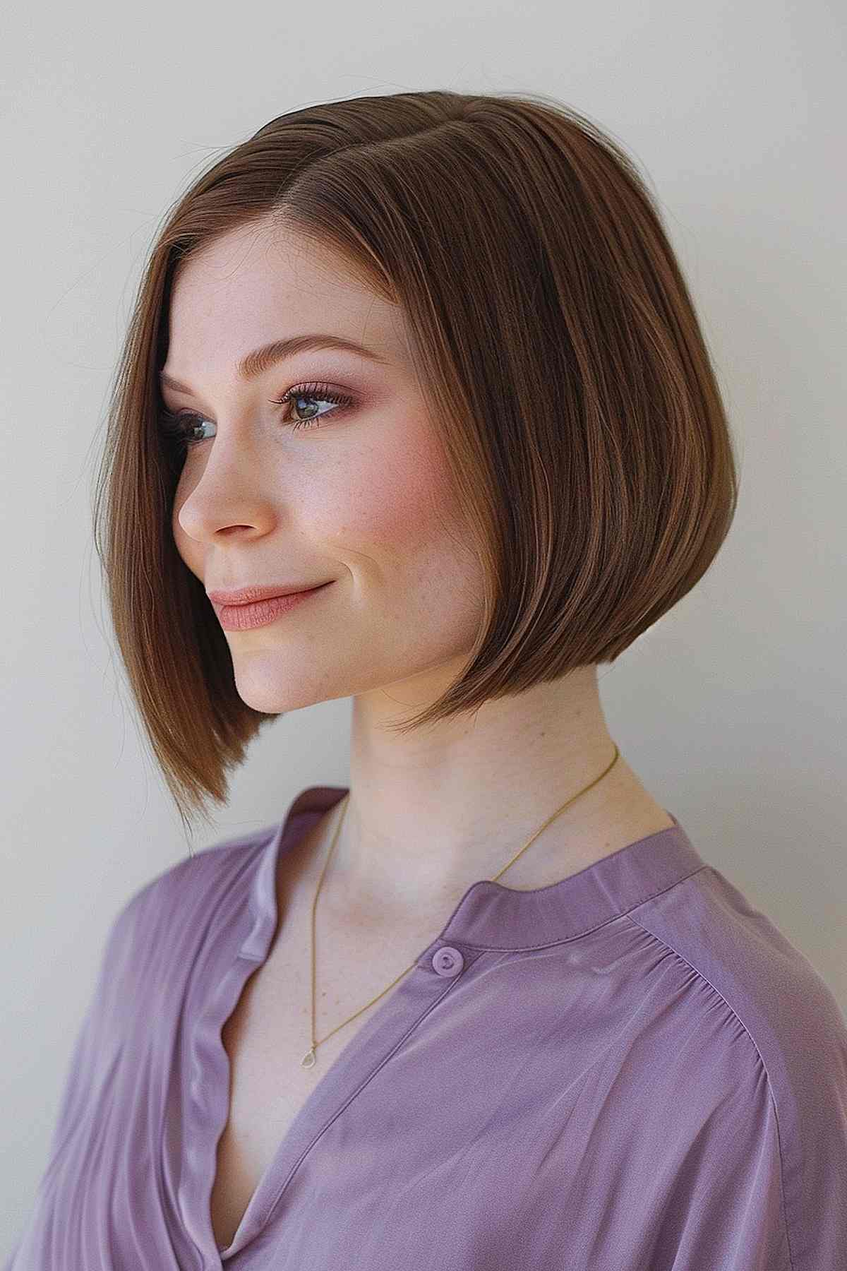 A softly layered, chin-length graduated bob gives a sophisticated and polished look.