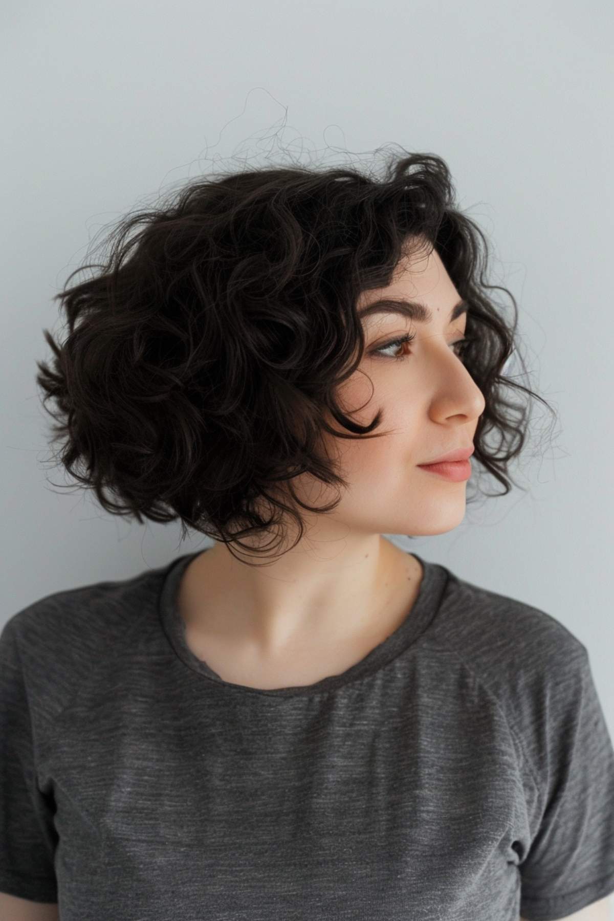 Graduated bob haircut for thick natural curls with stacked layers.