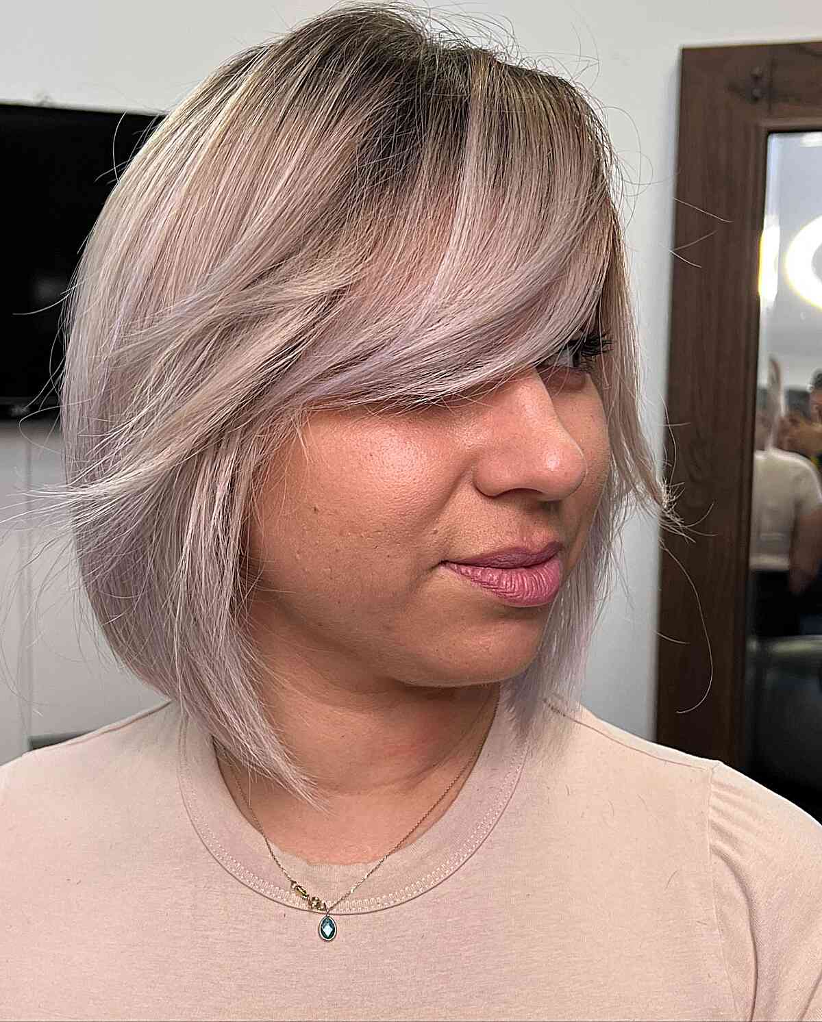 Graduated Silver Blonde Lob with Sweeping Bangs