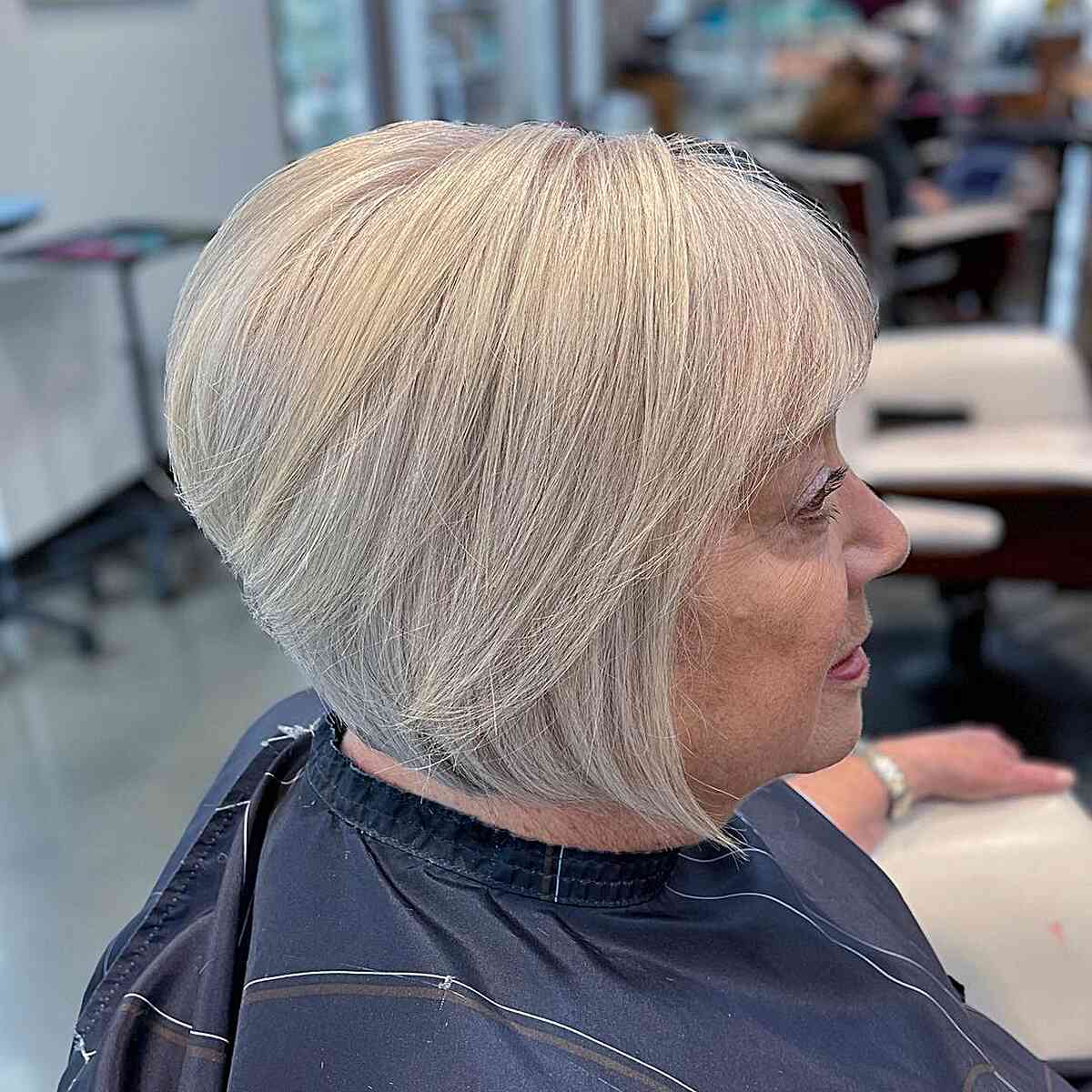 Graduated Stacked Bob with a Fringe for older ladies with thin hair