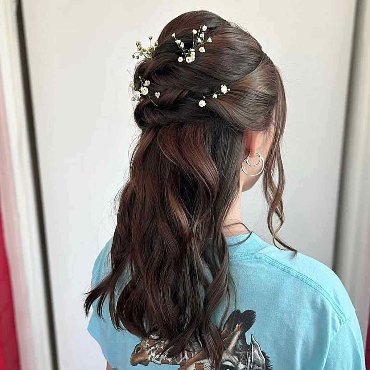 Graduation Wavy Half-Up Hairstyle with Loose Twists and Mini Flowers for Mid-Length Hair