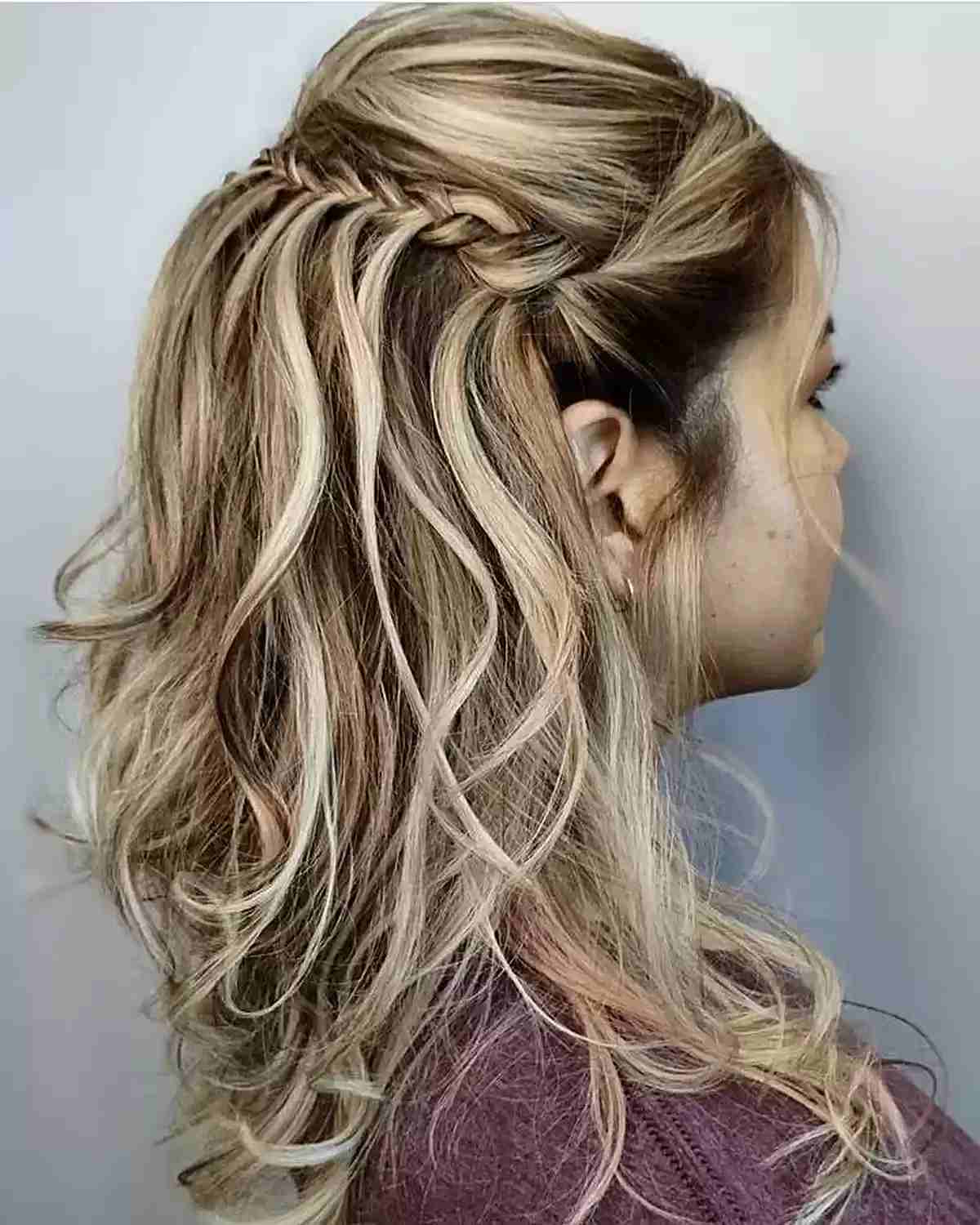 Graduation Messy Braided Half Updo for Mid-Length Dimensional Bronde Hair