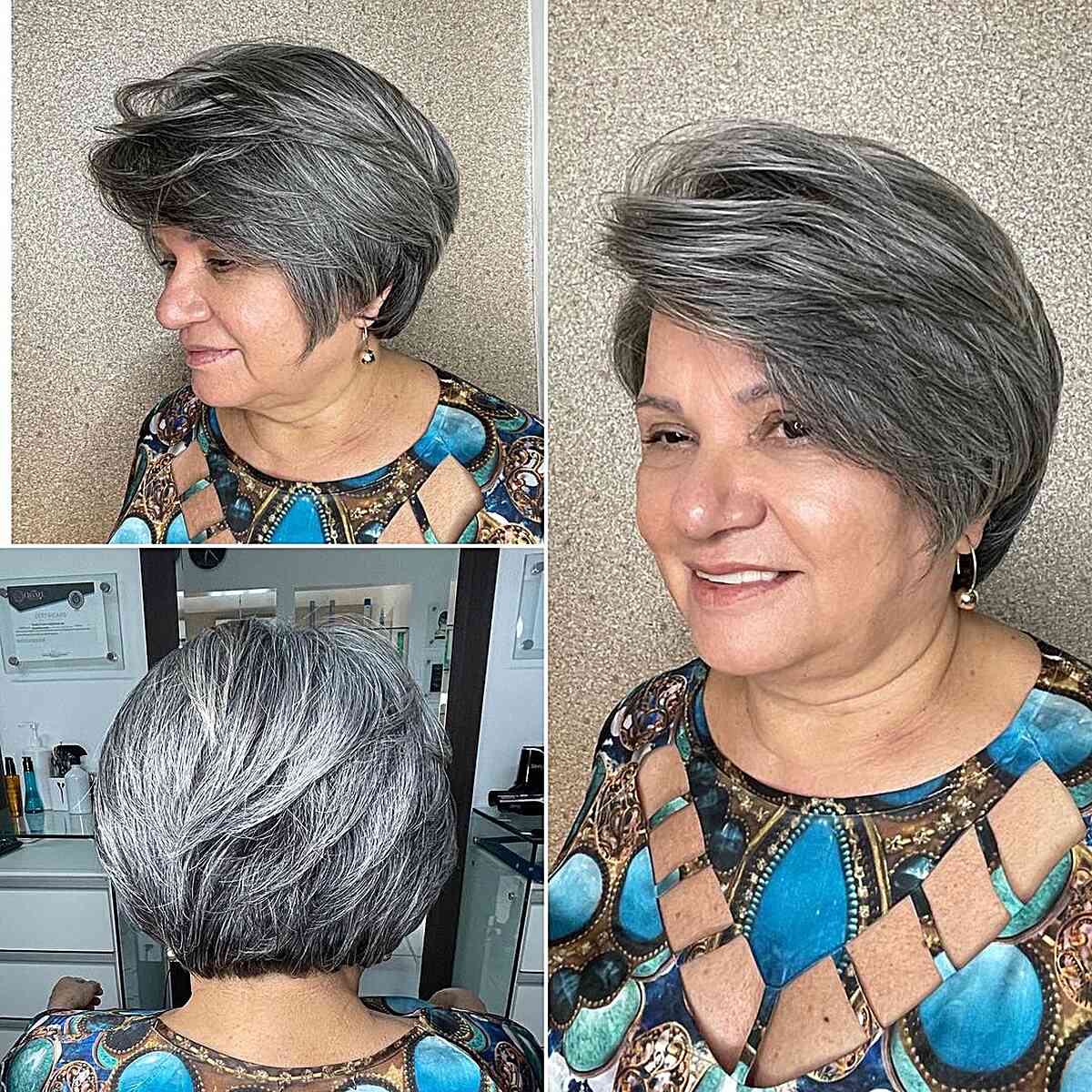 Gray Long Pixie Bob with Swept Bangs for Older Women Over 70
