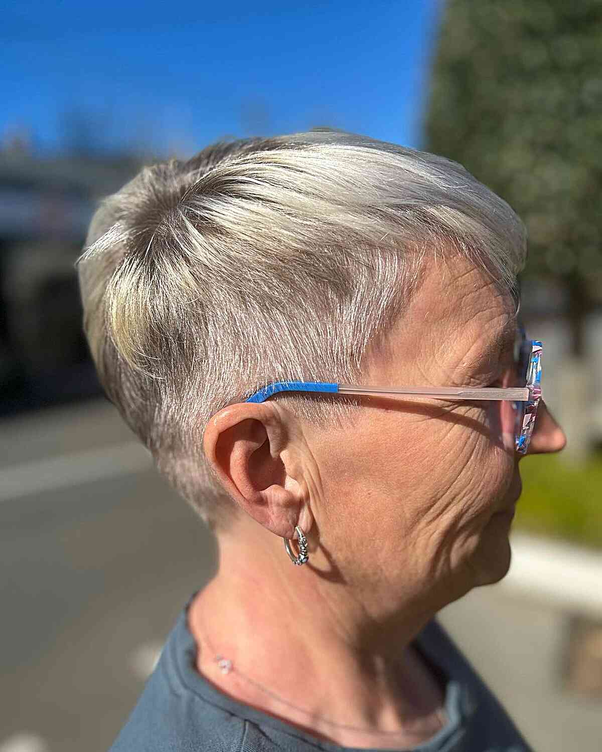 Gray Pixie Undercut for Fine-Haired Ladies Aged 60 Wearing Specs