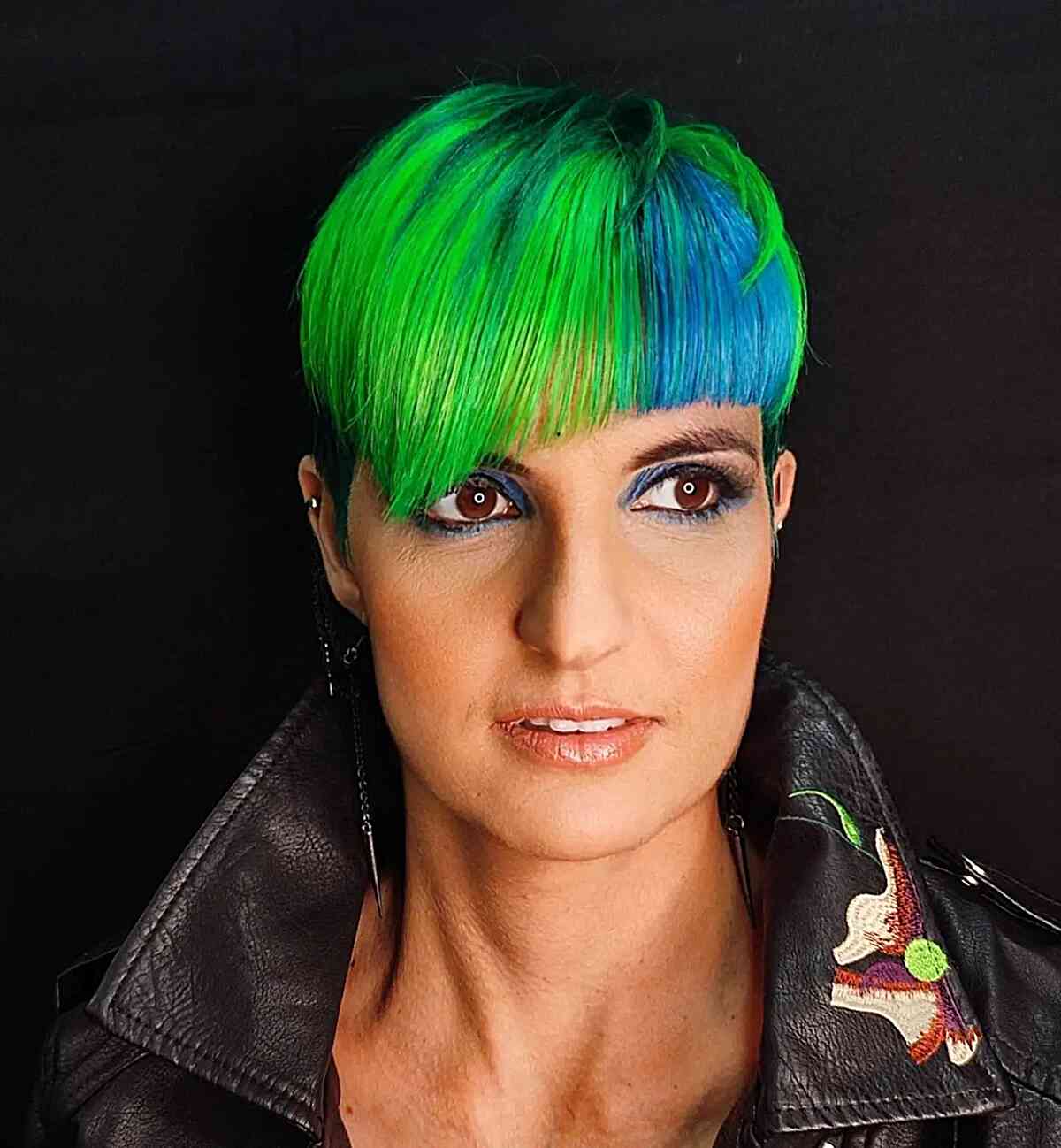 Green and Blue Pixie Hair with Asymmetrical Bangs