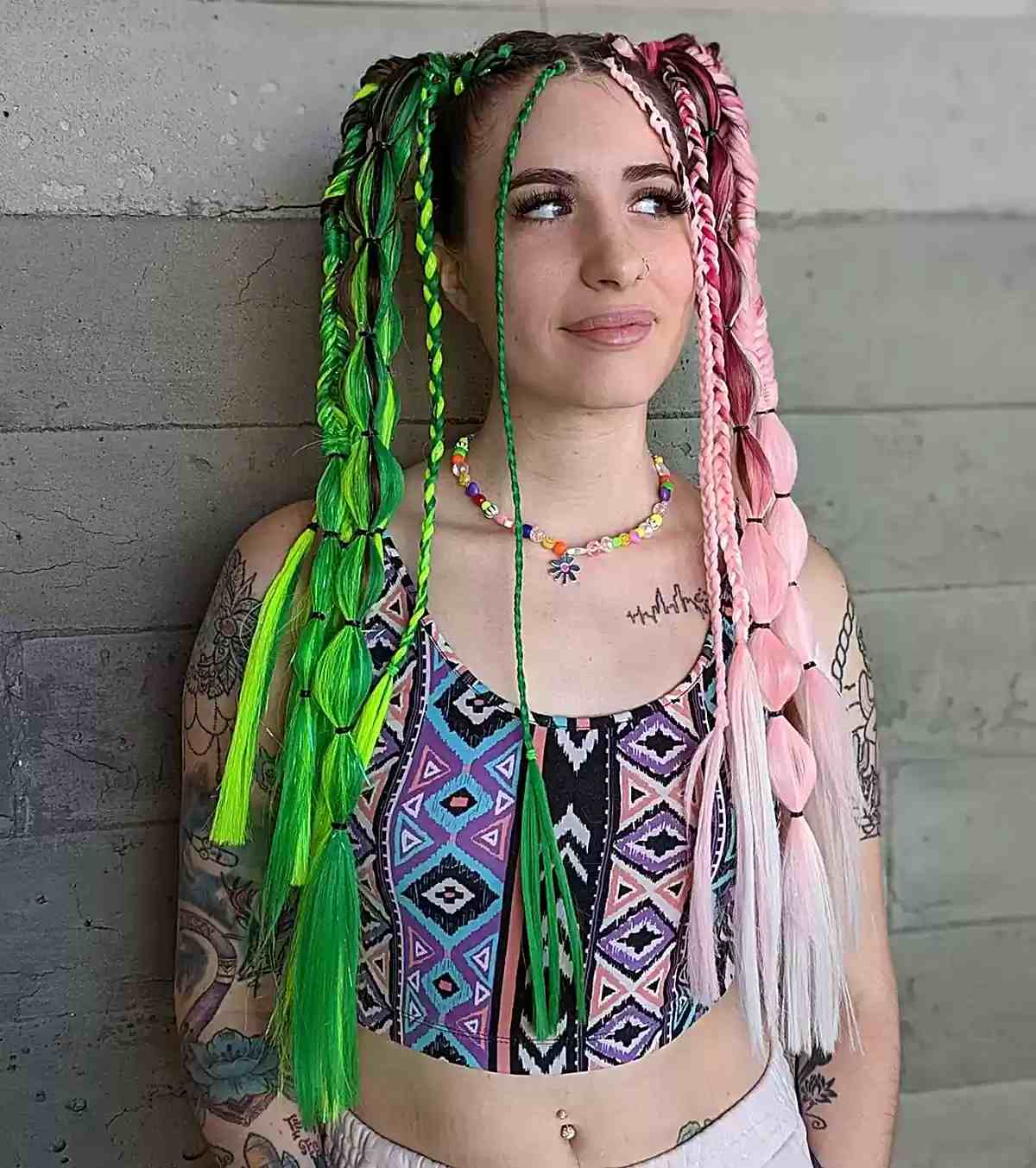 Long Hair with Green and Pink Rave Festival Pigtail Braids