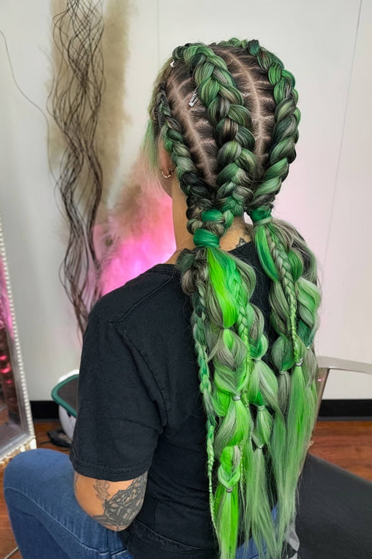 Bold green rave braids with ombré extensions