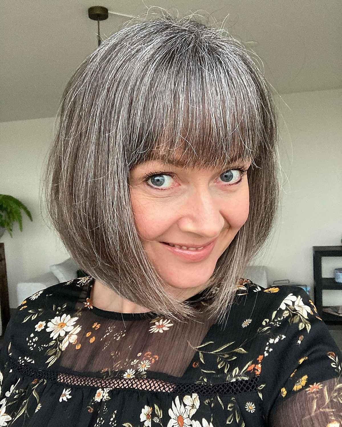 Grey A-line Haircut with Brow-Length Bangs