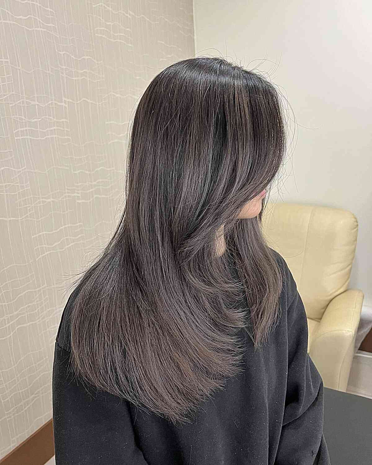 Grey Balayage Medium-Long Layered Dark Brown Hair with Subtle Ash Tone
