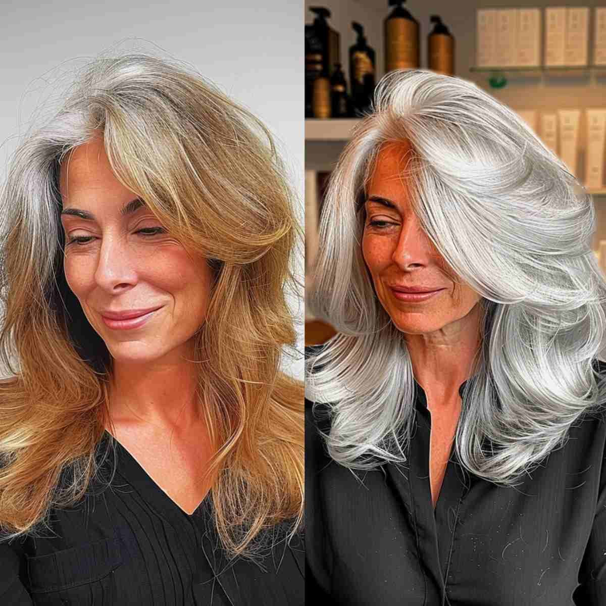 Grey Balayage Makeover for Mid-Length Feathered Hair and Women Aged 40