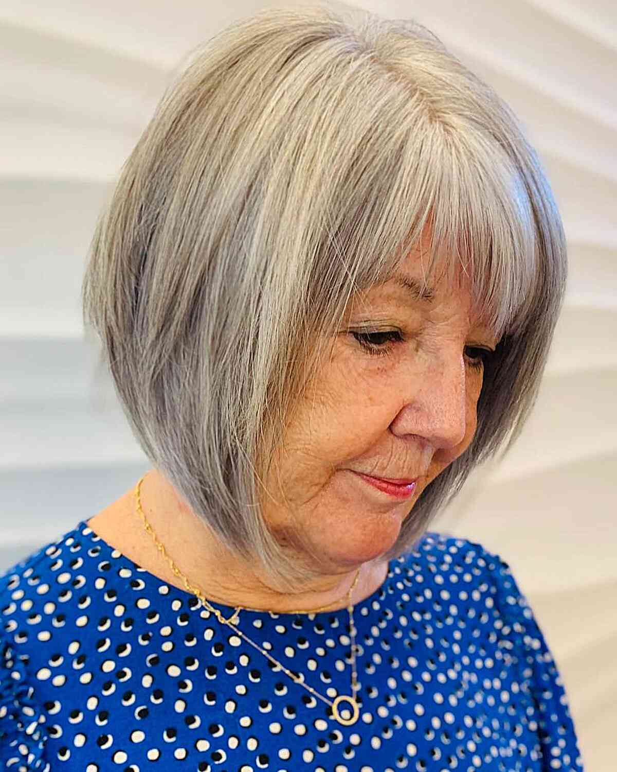 Grey Beautiful Bob with Fringe for Ladies Aged 60 with a long face