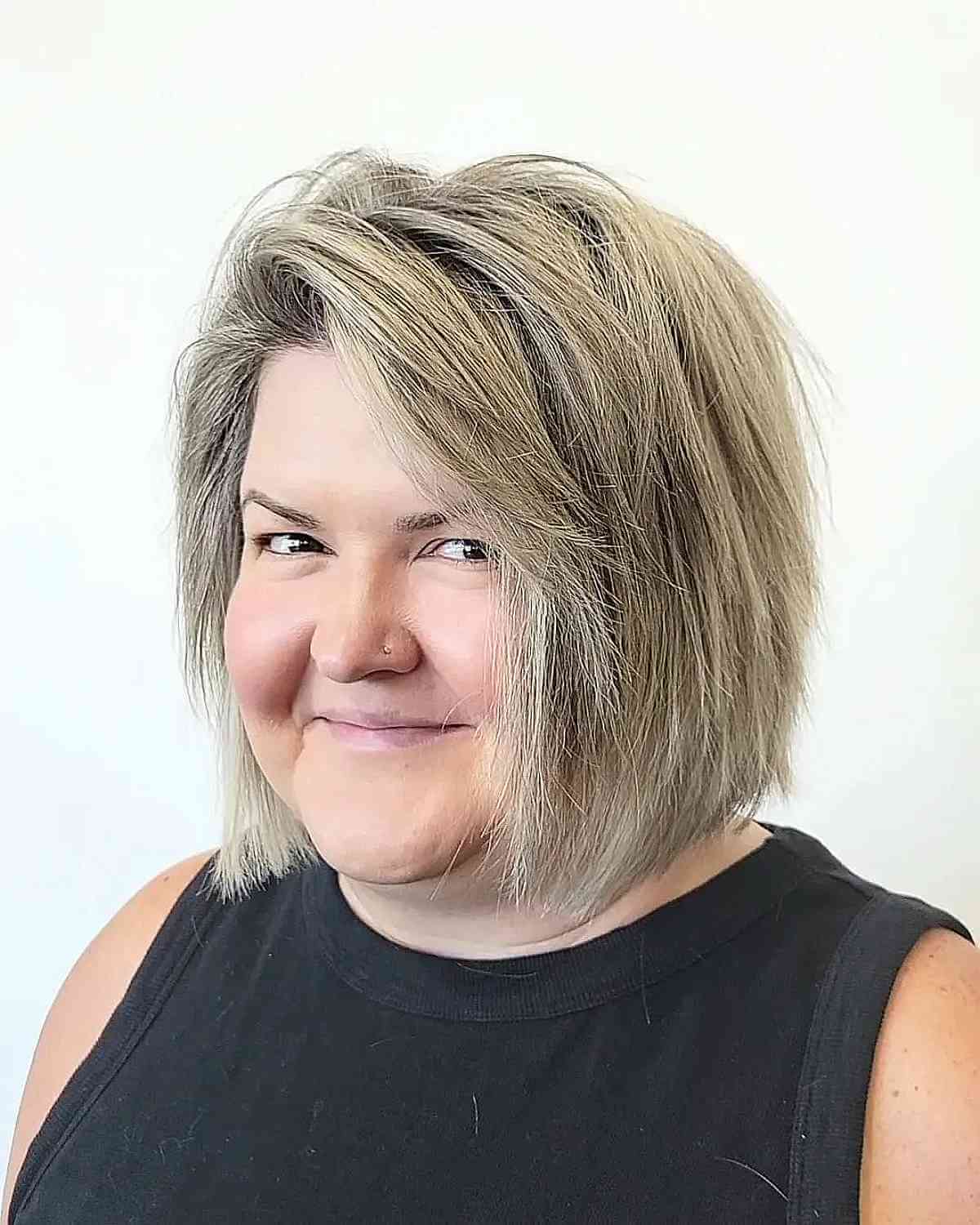 Grey Blended Textured Bob for Overweight Women