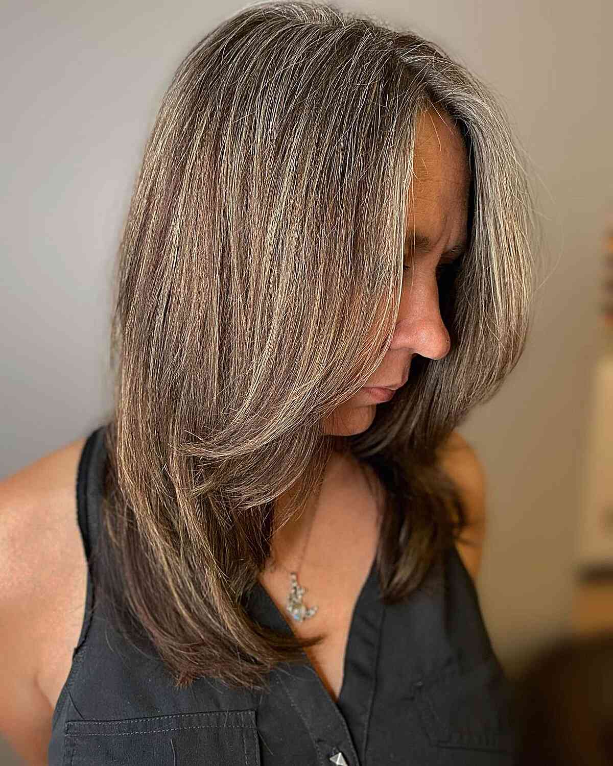 Grey Blending on Mid-Length Dark Brown Hair