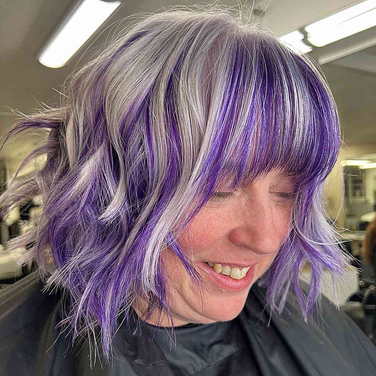 Grey Choppy Bob with Face Frame and Purple Chunky Highlights for Women Over 50