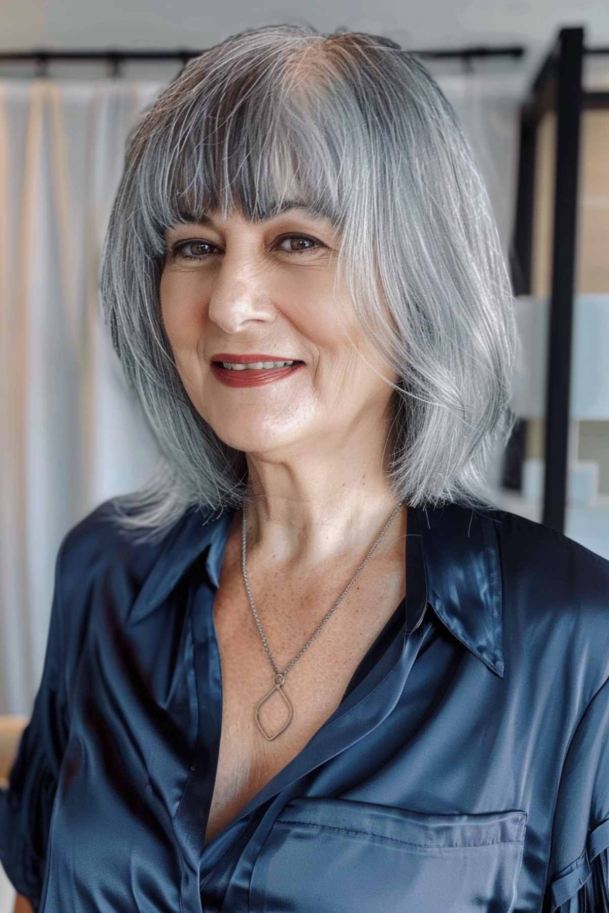 Smiling mature woman with layered grey hair and straight bangs, wearing a dark blue satin shirt.