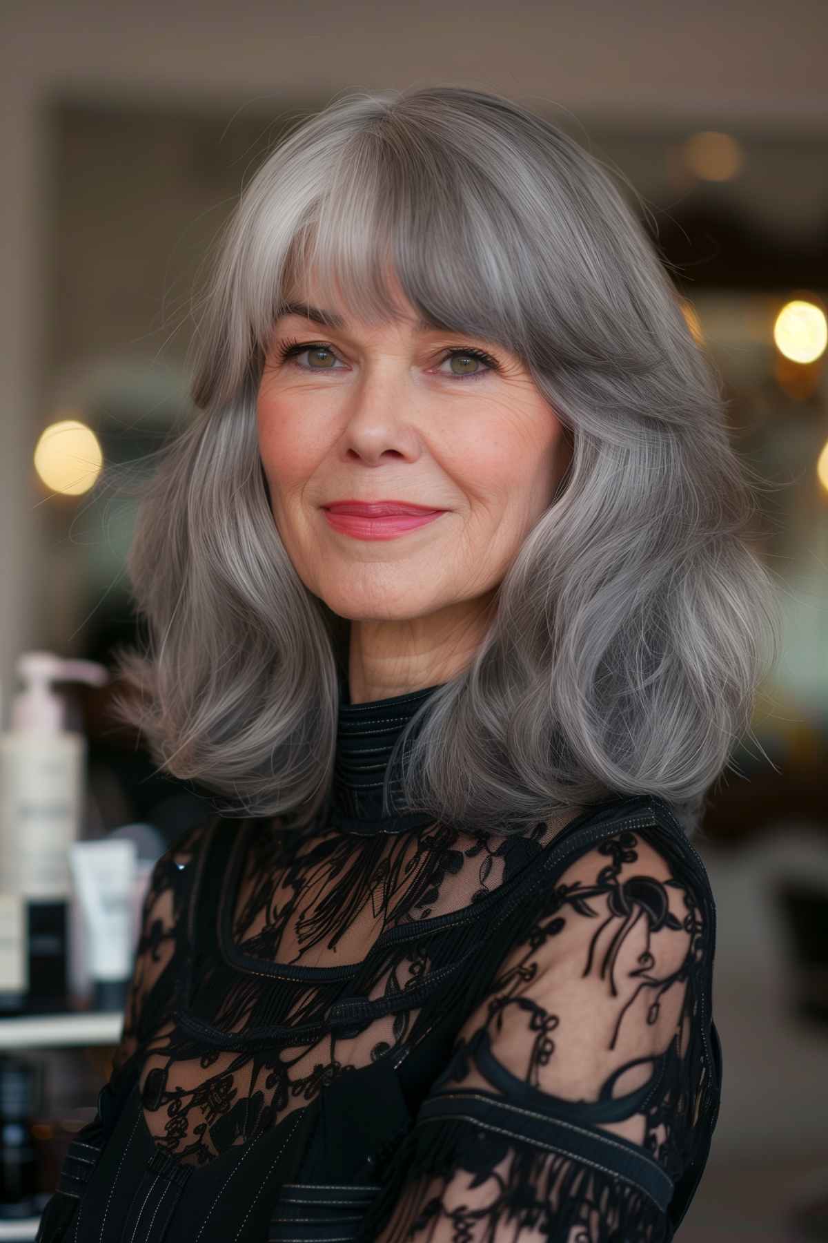 Woman with gray hair and full fringe, featuring medium-length layers for volume and movement