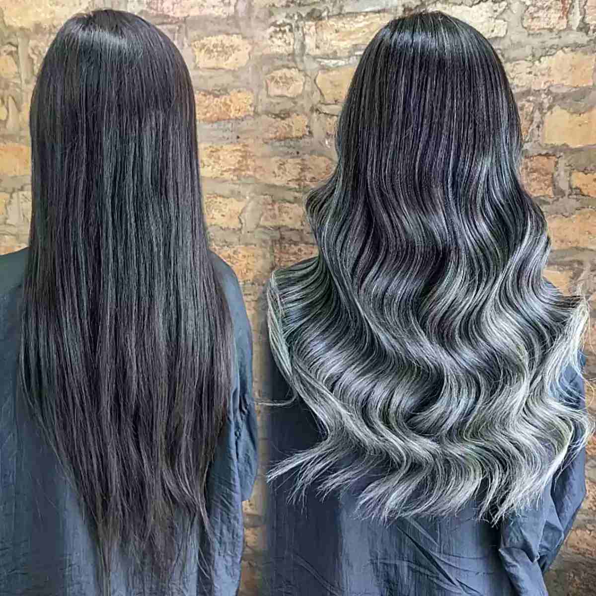 Long Grey Ombre Balayage Hair with White Ends