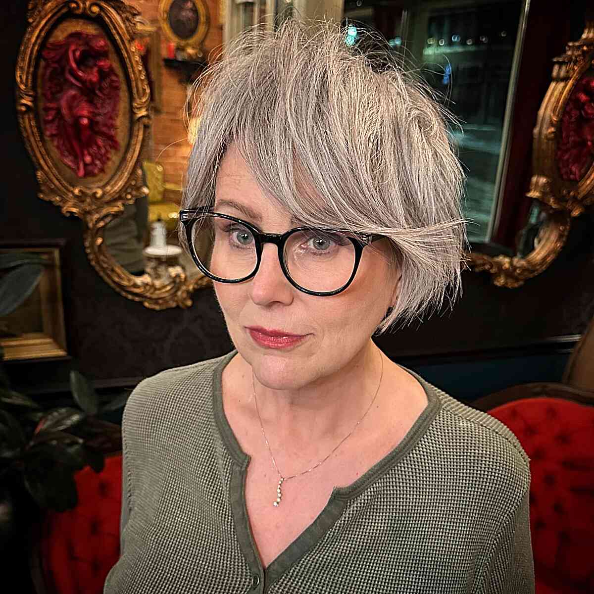 Grey Pixie Bob for Women Aged 60 with Coarse Hair and Glasses