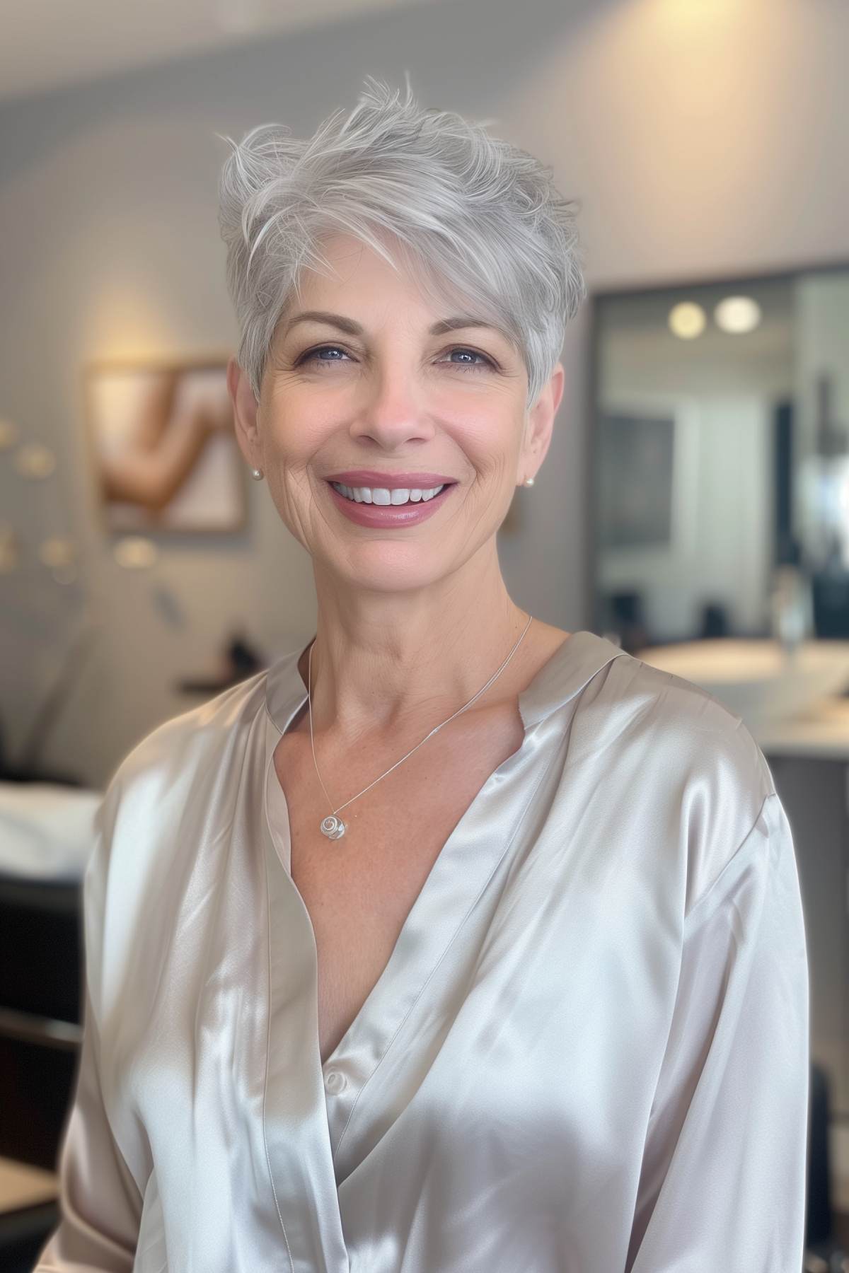 Short grey pixie cut with textured layers, perfect for women over 50