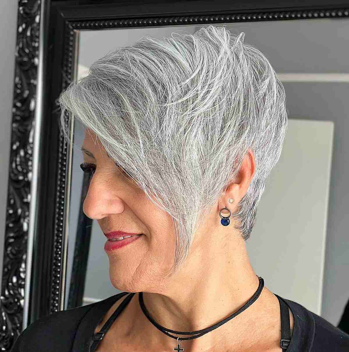 Grey Pixie Hair with Long Side Bangs for a Long Face Shape