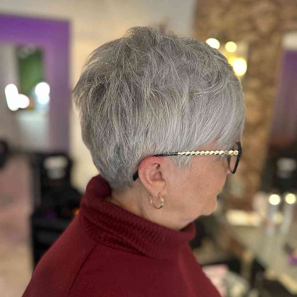 Grey Pixie with Choppy Wispy Layers for Women Aged 60 with Glasses