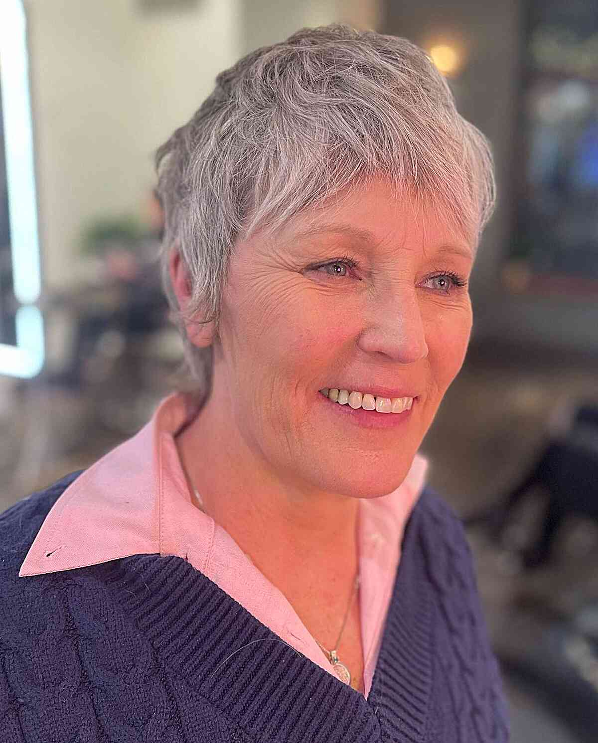 Grey Pixie with Shaggy Layers for Fine-Haired Older Women Aged 50