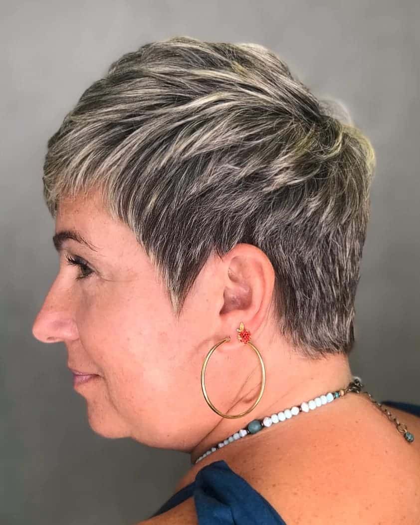 grey pixie with undercut for woman in her 50s with thick hai