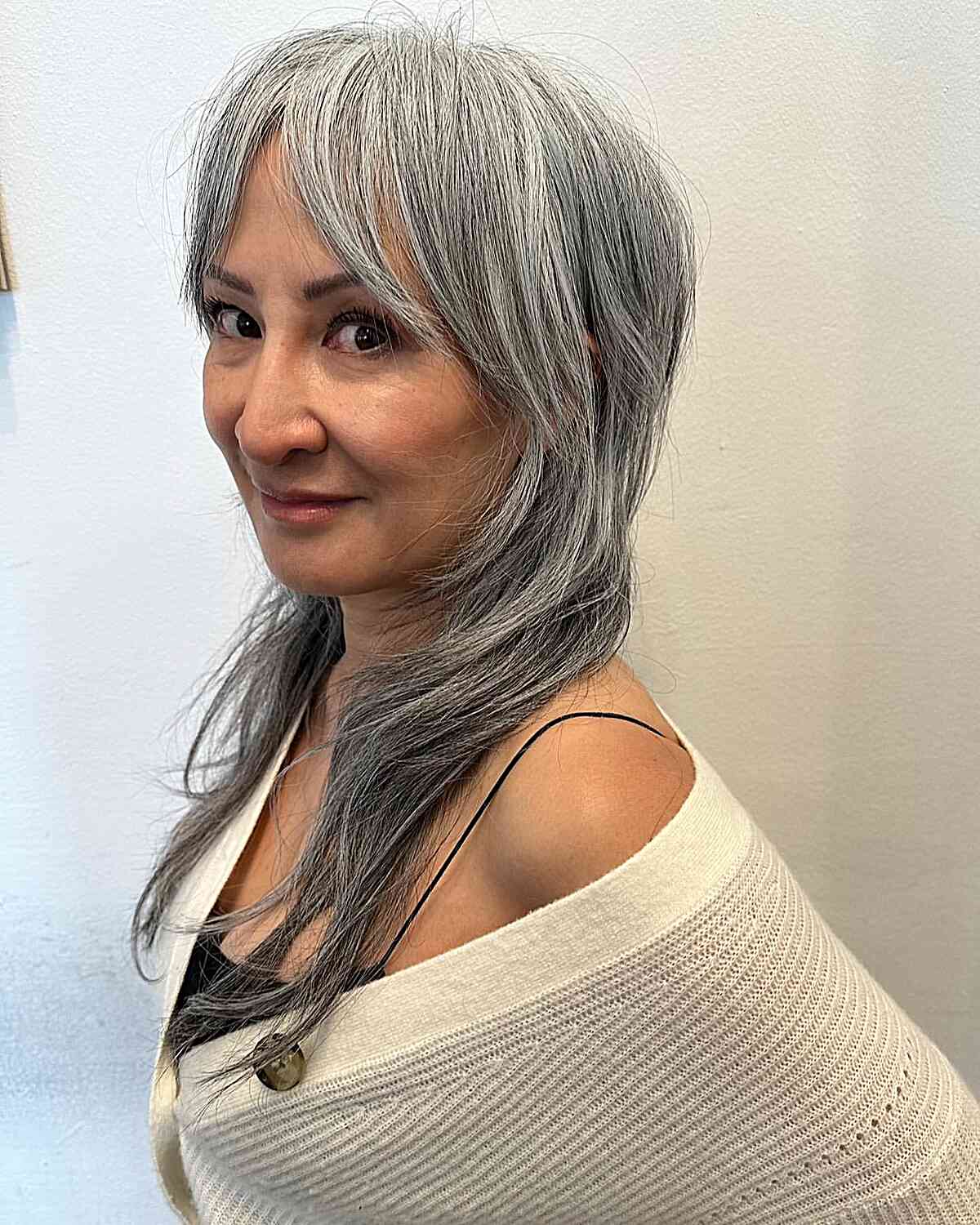 Mid-Long Grey Shag with Curtain Light Bangs for Ladies Over 60