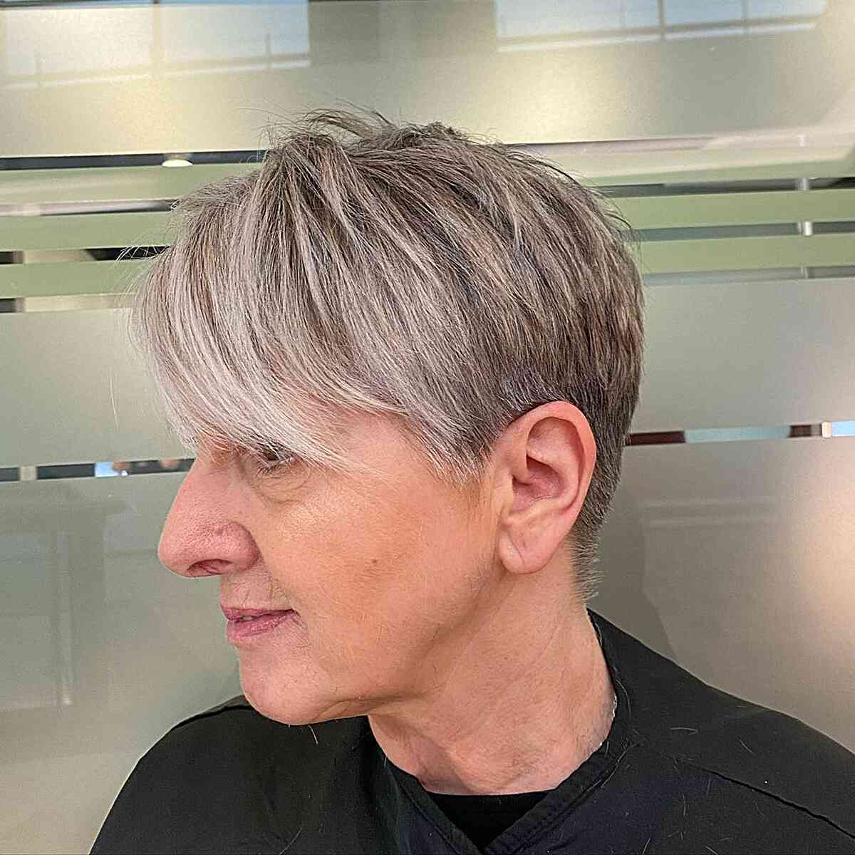 Grey Tapered Pixie with Side Bangs for 60-Year-Old Women with Short choppy hair