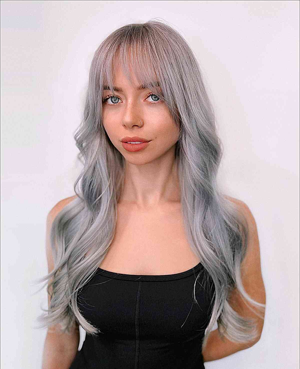 Longer-Length Wavy Gray Hair with French Long Bangs