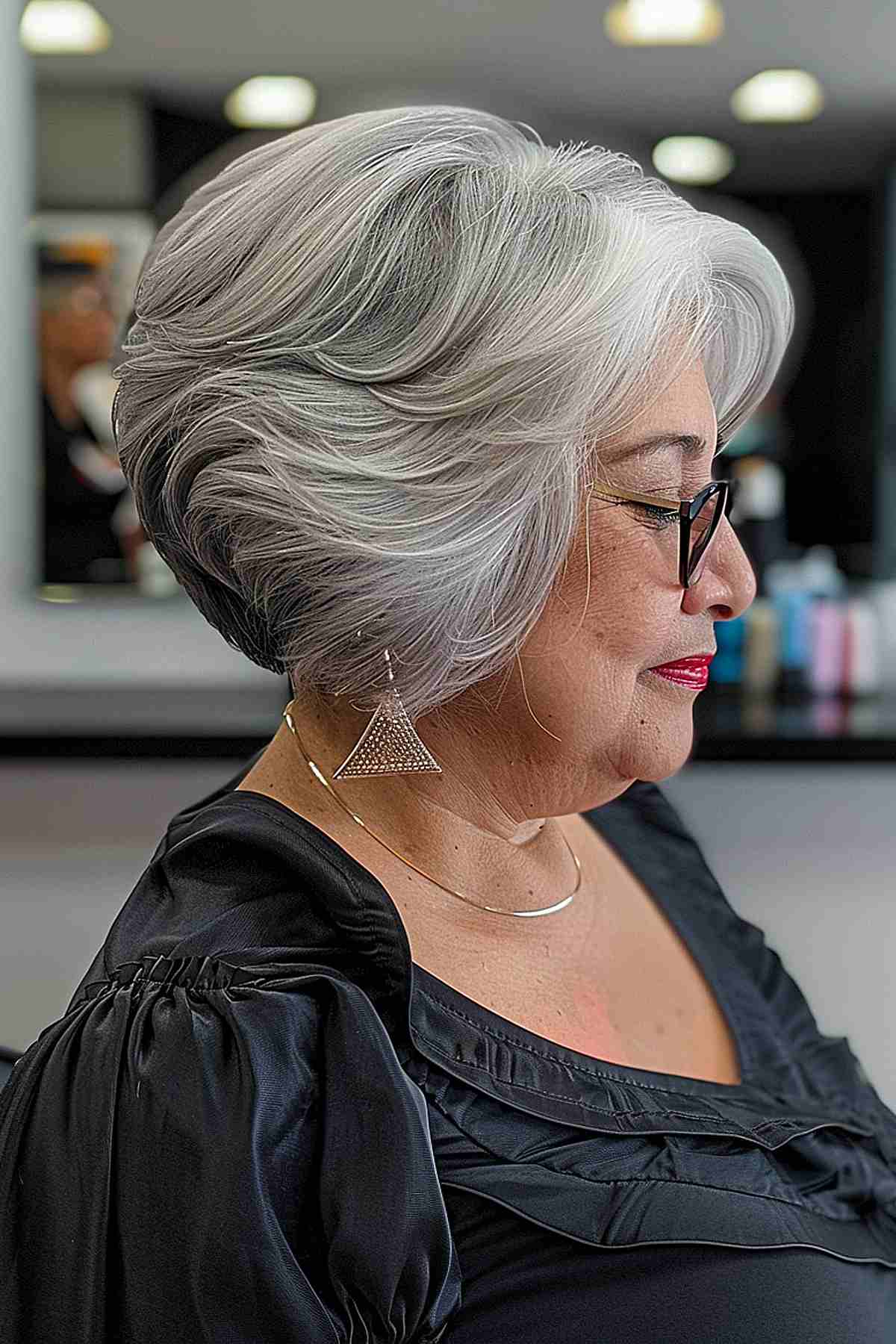 Grey wedge haircut with a side part for women over 60
