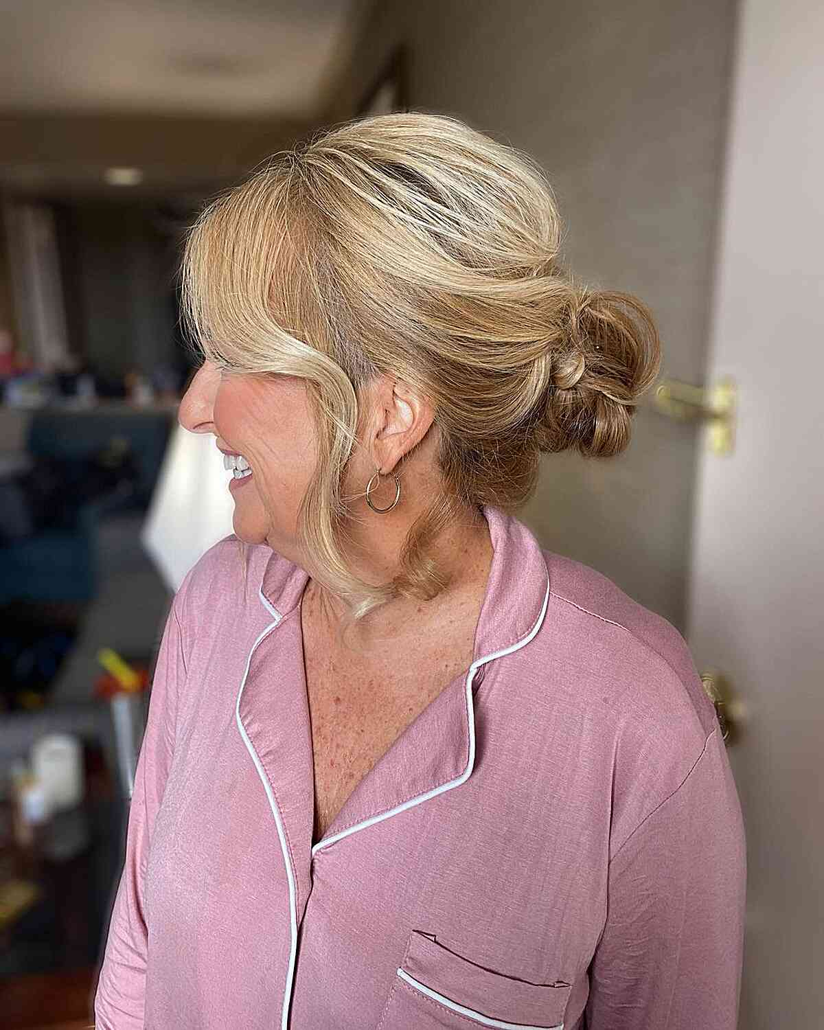 Grooms Mom Soft Messy Bun with Face-Framing Layers
