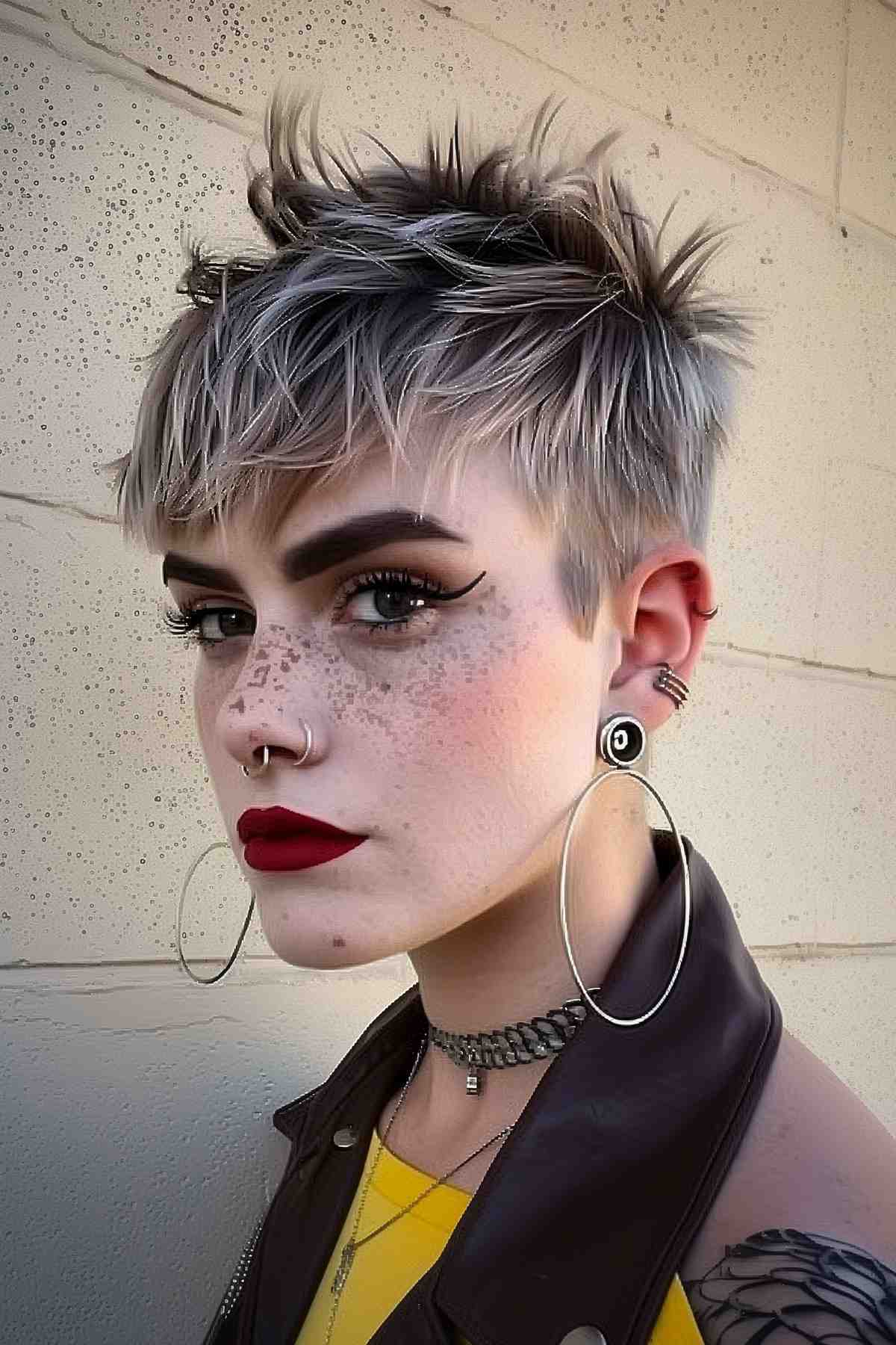 Grunge-inspired punk pixie cut with textured, choppy top and soft silver color transitioning into darker roots, perfect for an edgy look.