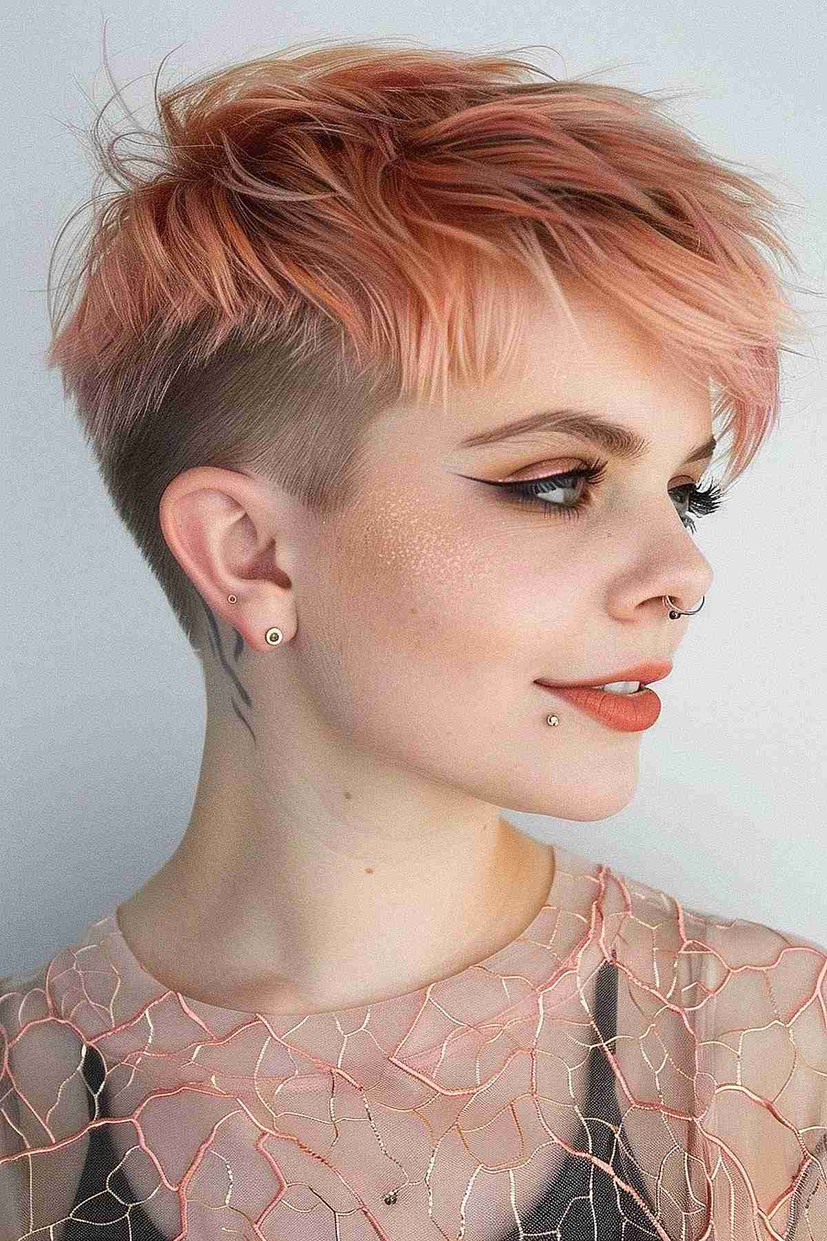 Edgy coral peach undercut with a vibrant top and closely shaved sides, offering a bold, low-maintenance style that enhances individuality.