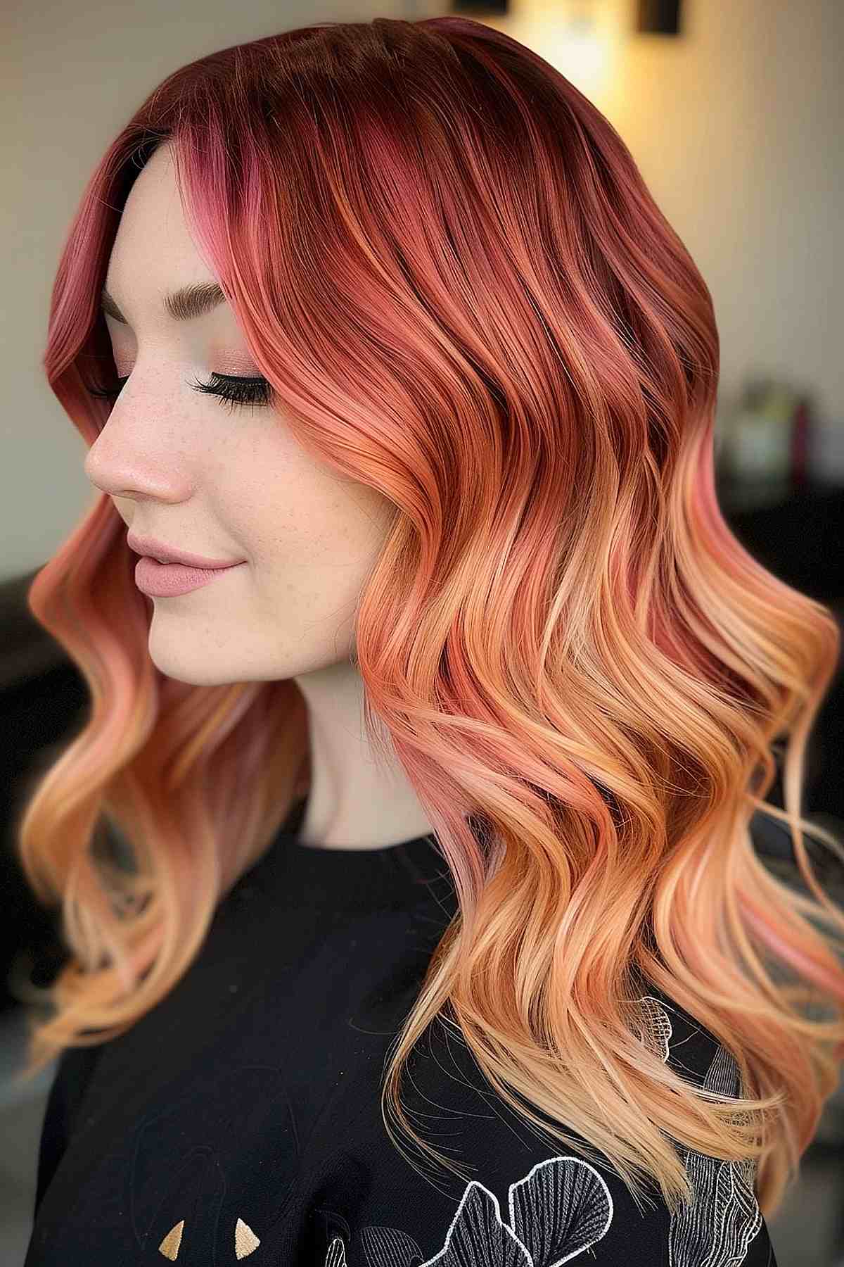 Vibrant rose gold and peach ombre hair cascading in waves, starting with deep red at the roots and blending into peach and rose gold at the tips.