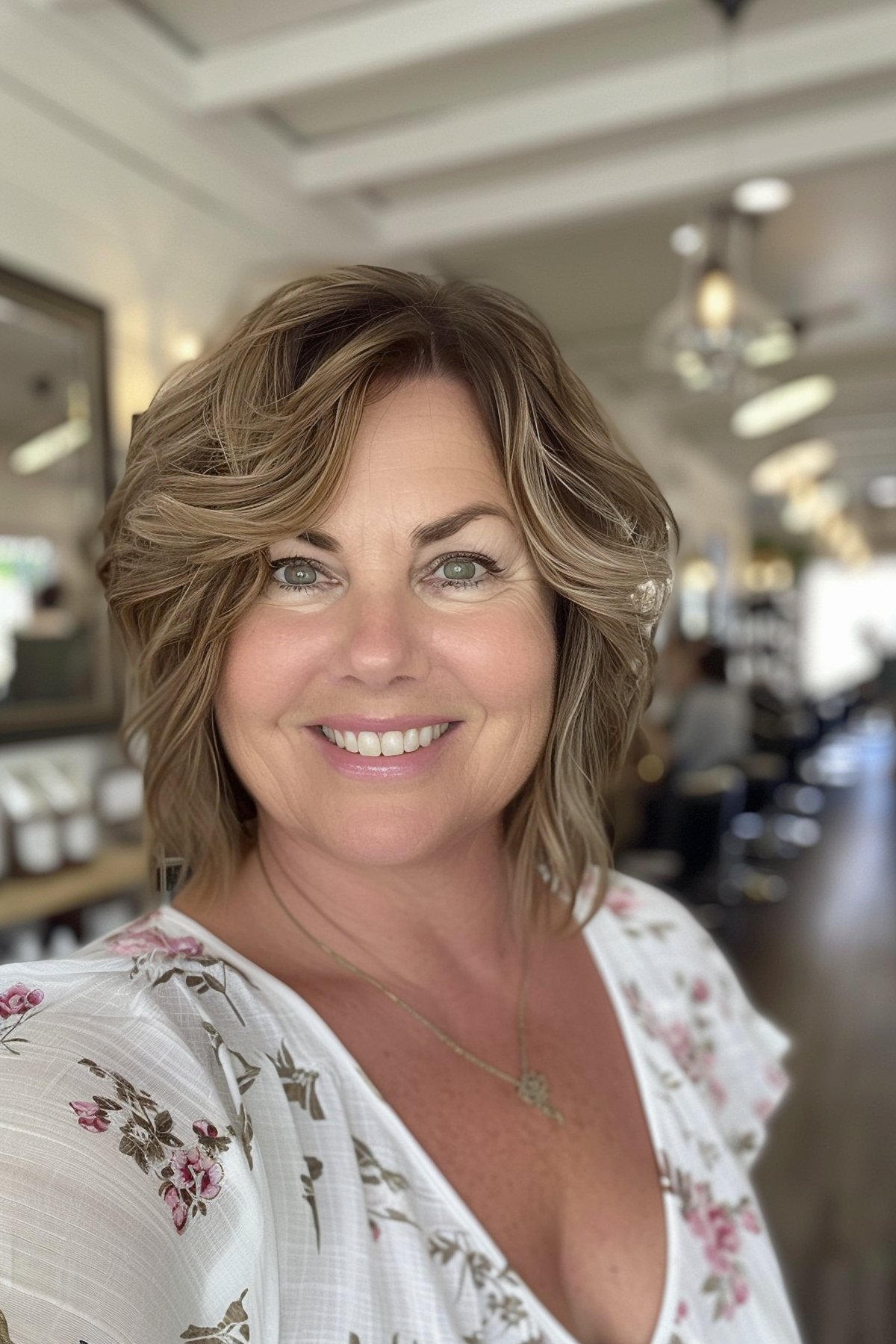 Haircut for round face over 50 with layers and highlights