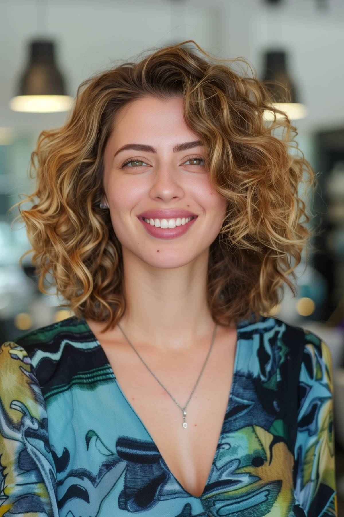 Shoulder-length hairdos for curly hair with soft layers, ideal for medium-density mixed curly hair