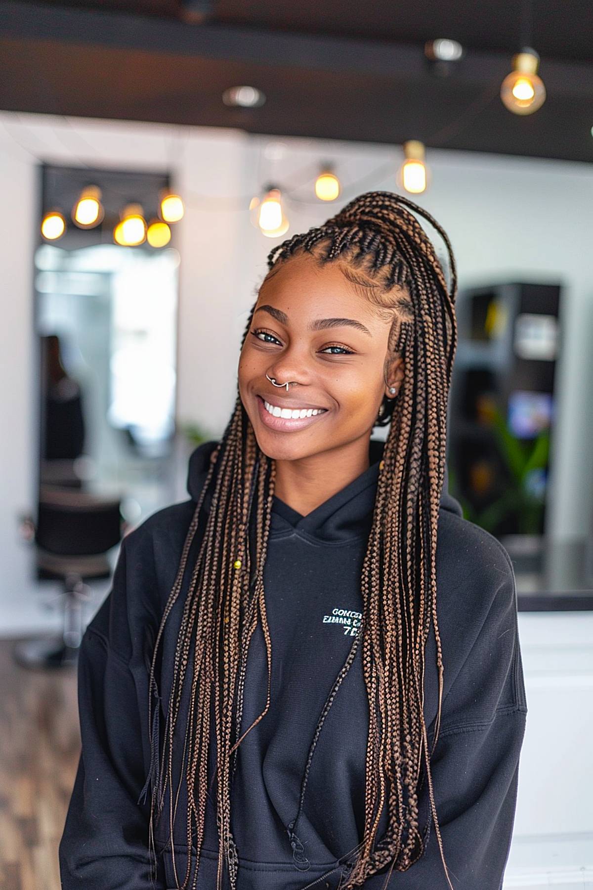 Long box braids styled into a high ponytail