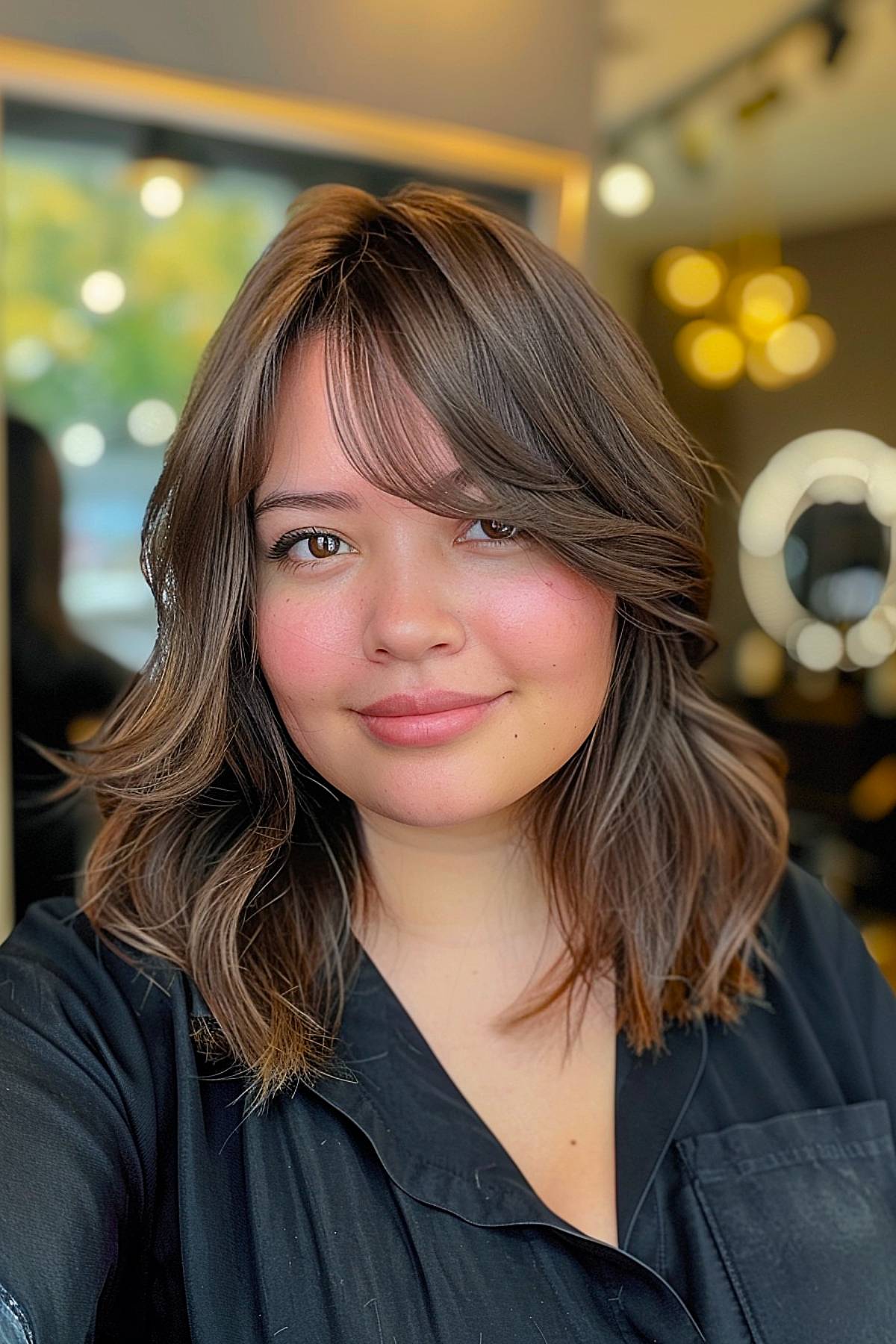 Shoulder-length hairstyle with curtain bangs for round faces