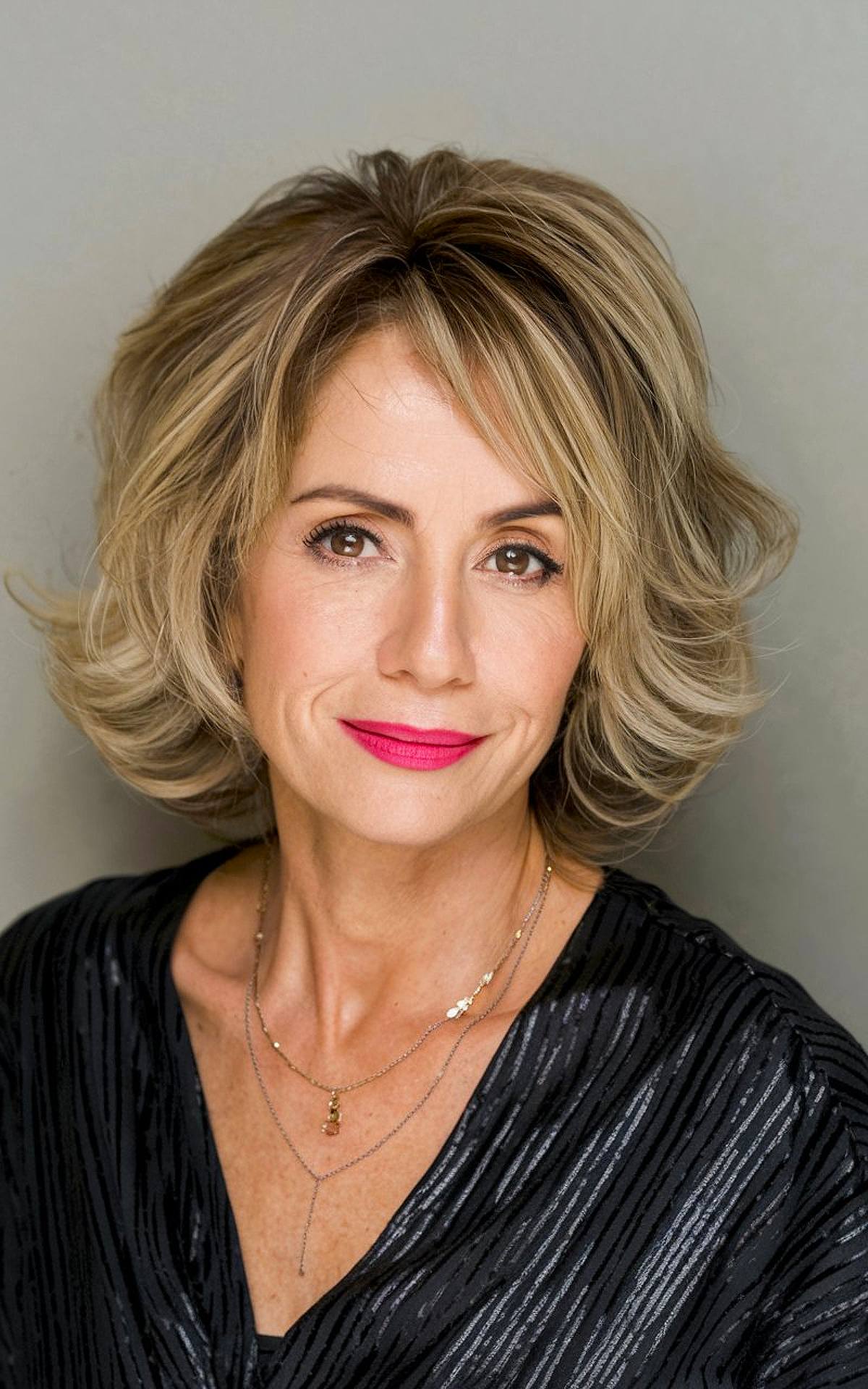 Layered bob hairstyle for thick wavy hair for women over 50