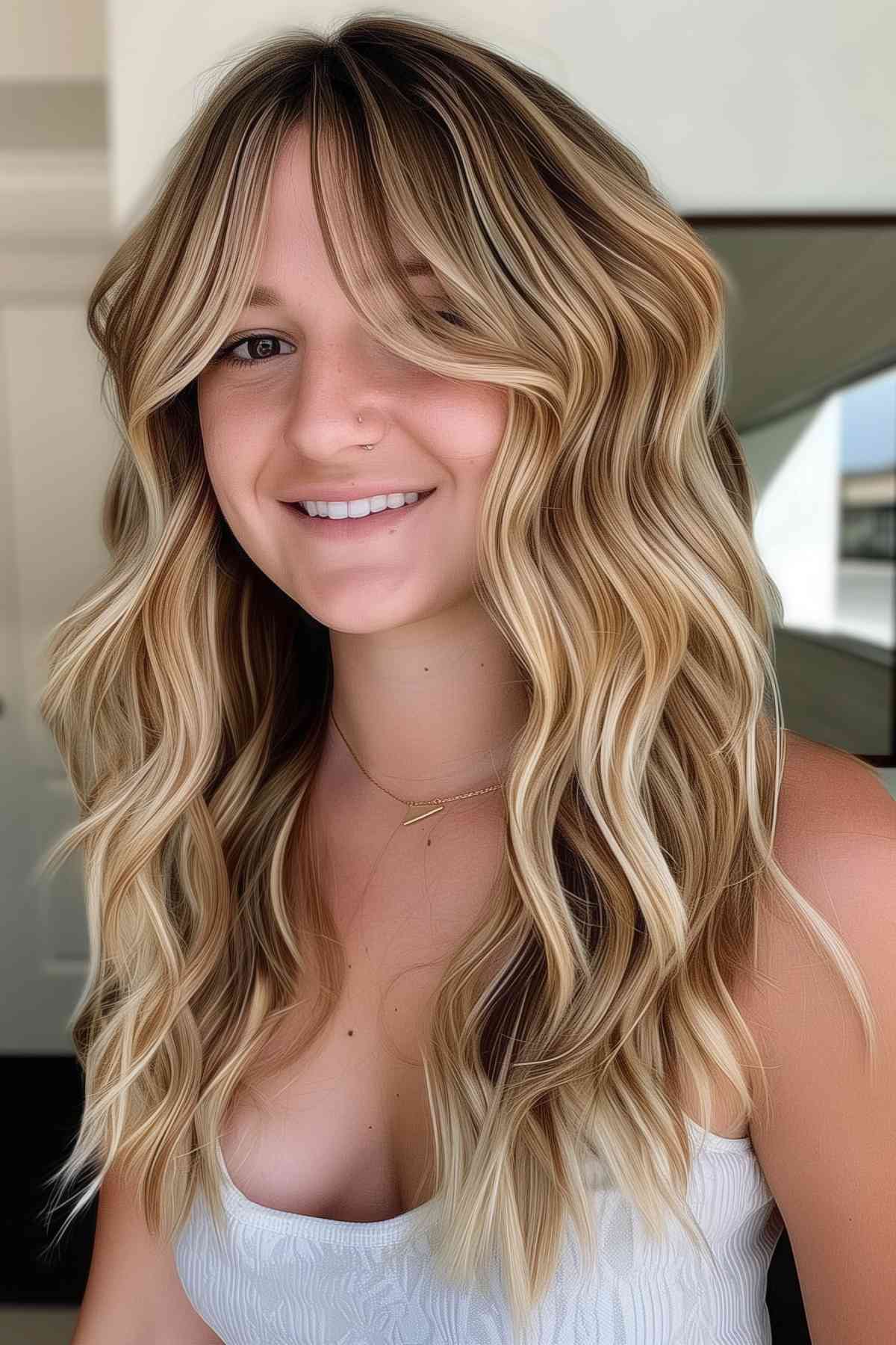 Woman with beachy waves and curtain bangs, sandy blonde hair with sun-kissed highlights