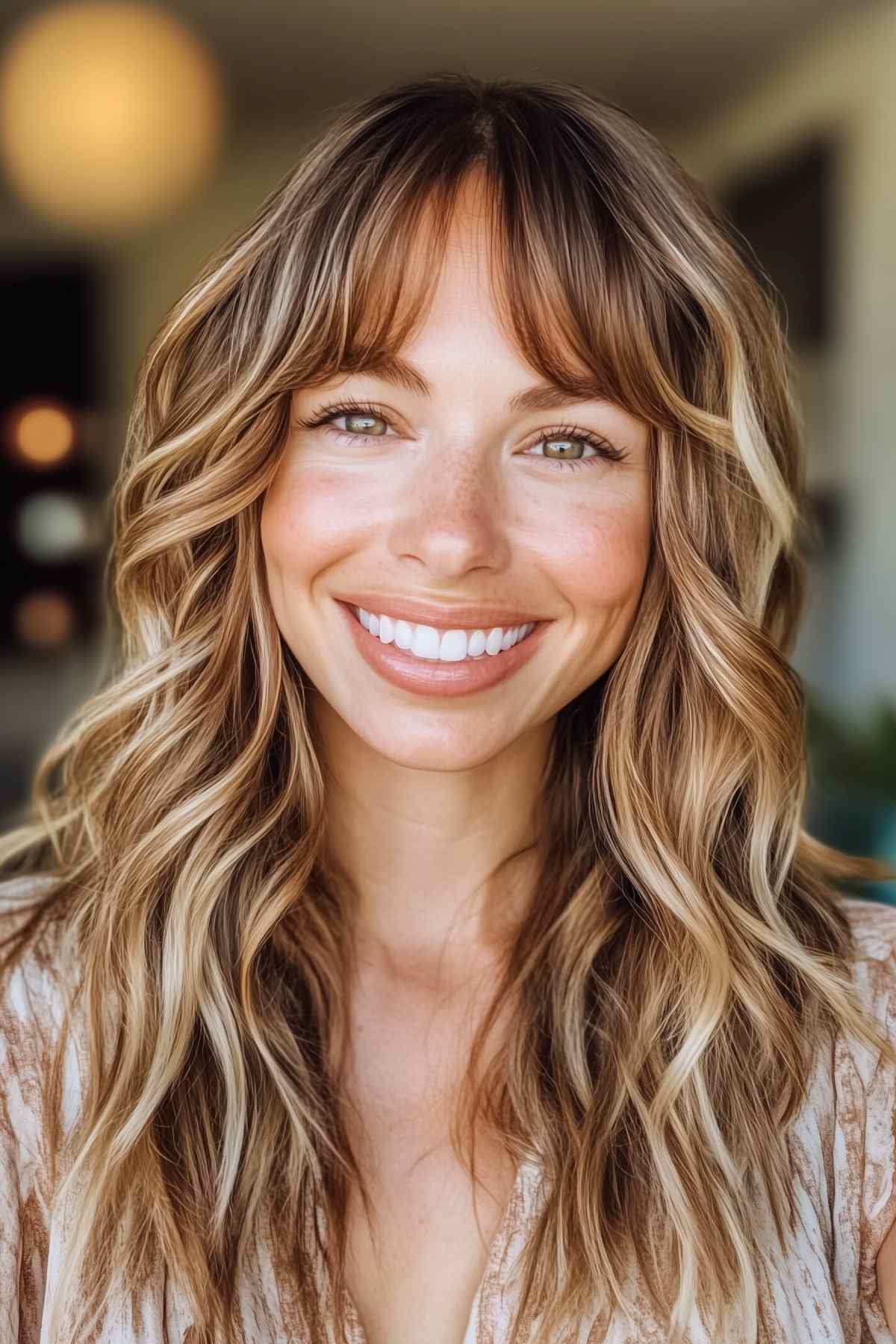 Woman with boho chic curtain bangs, light brown hair with golden highlights